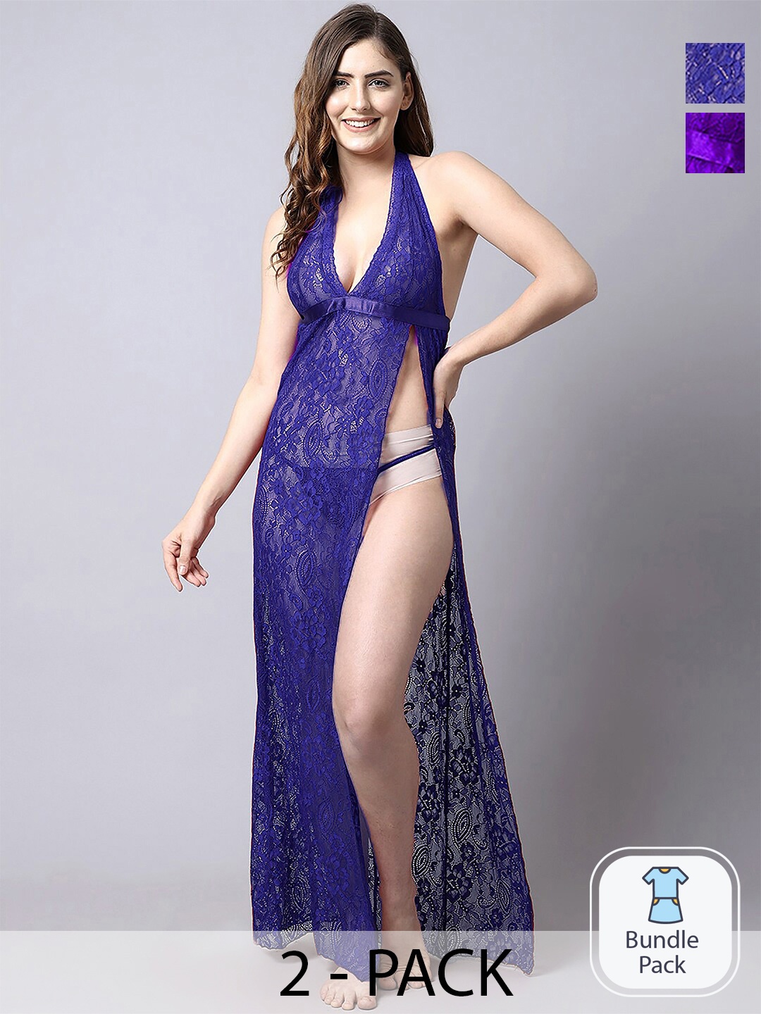 

PIBU Pack Of 2 Self Design Halter Neck Net Baby Doll, Blue