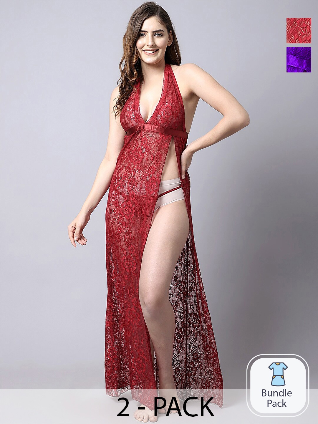 

PIBU Pack Of 2 Self Design Halter Neck Baby Doll, Red