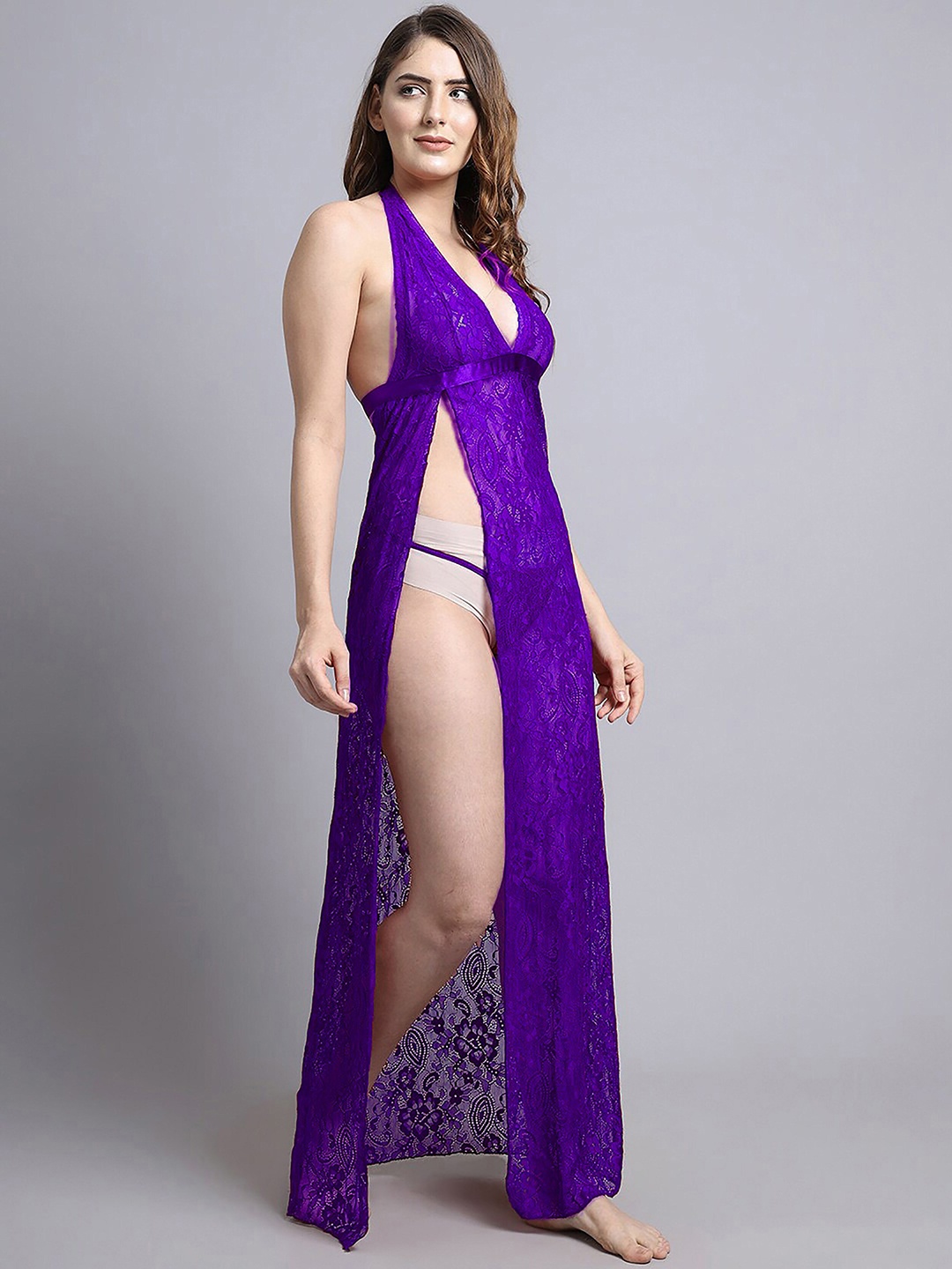 

PIBU Self Design Net Halter Neck Baby Doll, Purple