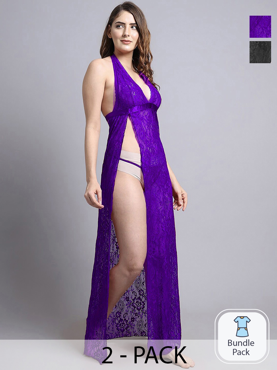 

PIBU Pack Of 2 Self Design Halter Neck Net Baby Doll, Purple