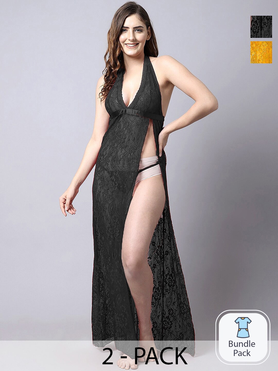 

PIBU Pack Of 2 Self Design Net Halter Neck Baby Doll, Black