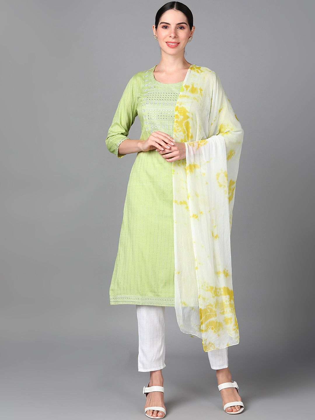 

KALINI Ethnic Motifs Yoke Design Regular Mirror Work Kurta With Trousers & Dupatta, Yellow