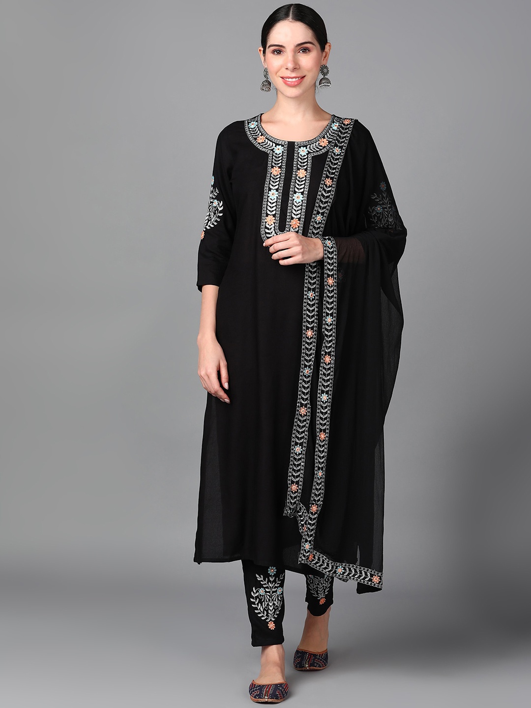 

KALINI Floral Yoke Design Regular Thread Work Kurta With Trousers & Dupatta, Black