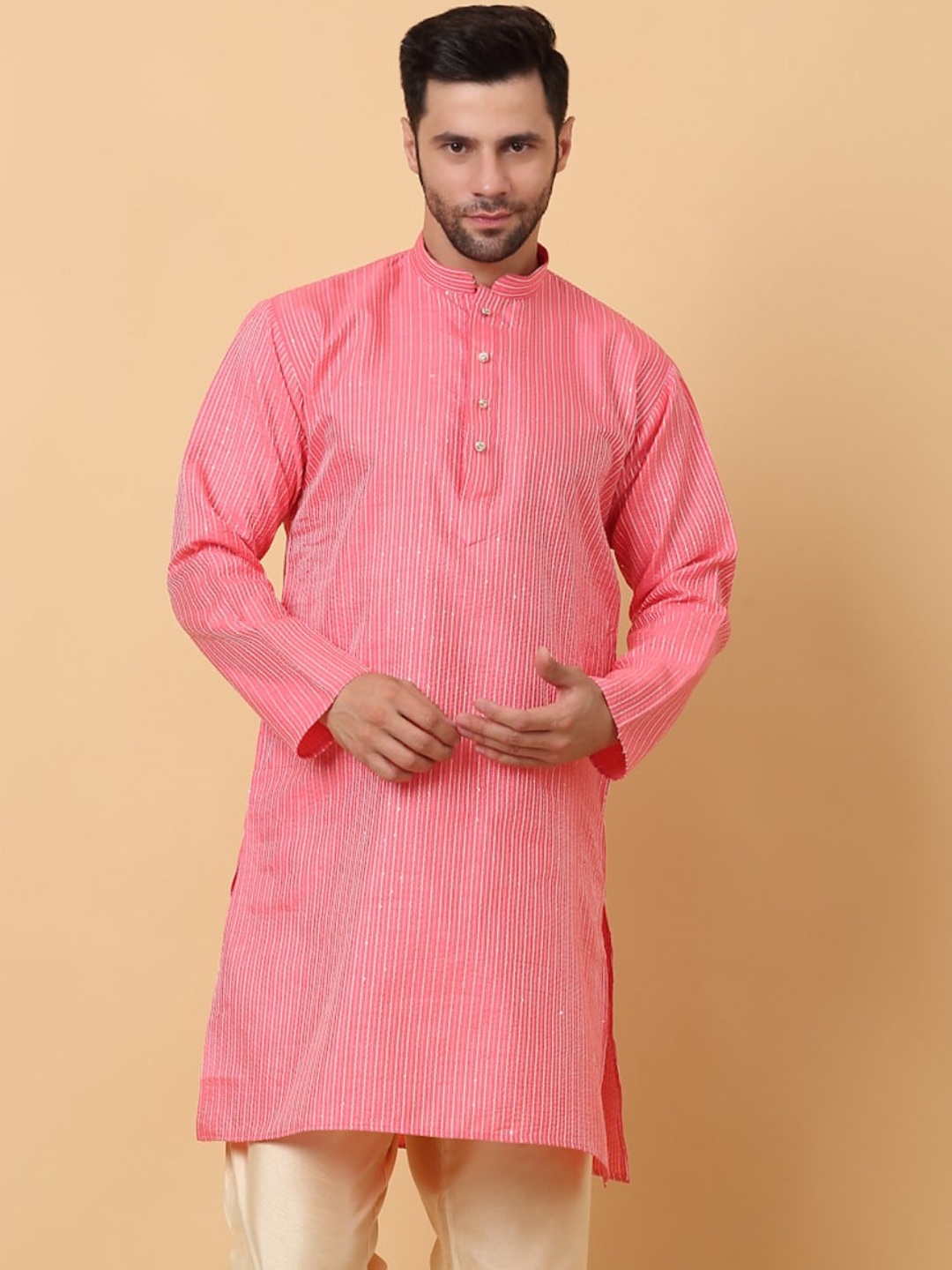 

KRAFT INDIA Striped Mandarin Collar Kurta, Pink