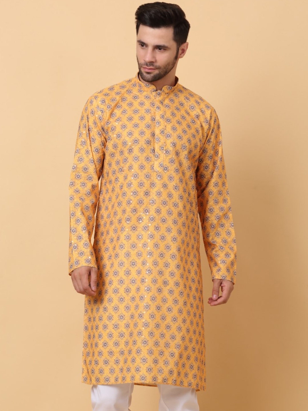 

KRAFT INDIA Ethnic Motifs Printed Embroided Mandarin Collar Straight Kurta, Yellow