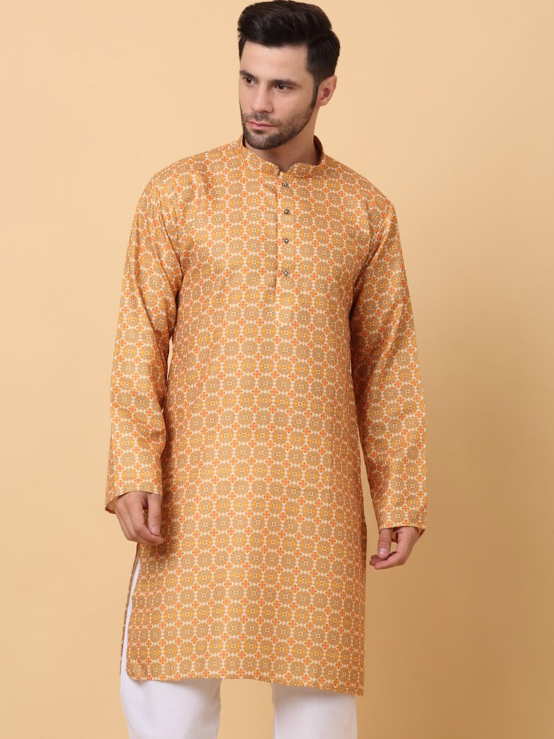 

KRAFT INDIA Geometric Printed Mandarin Collar Kurta, Yellow