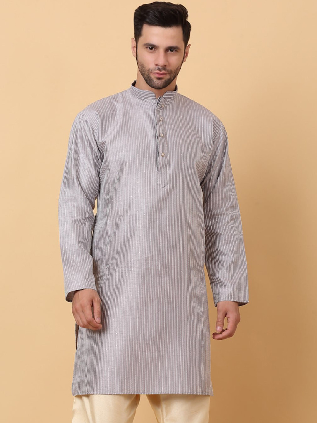 

KRAFT INDIA Striped Thread Work Mandarin Collar Kurta, Grey