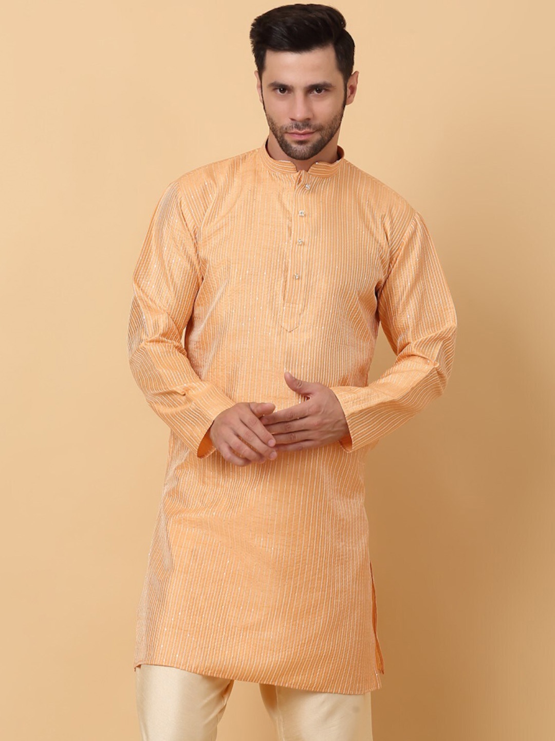 

KRAFT INDIA Striped Thread Work Mandarin Collar Kurta, Peach