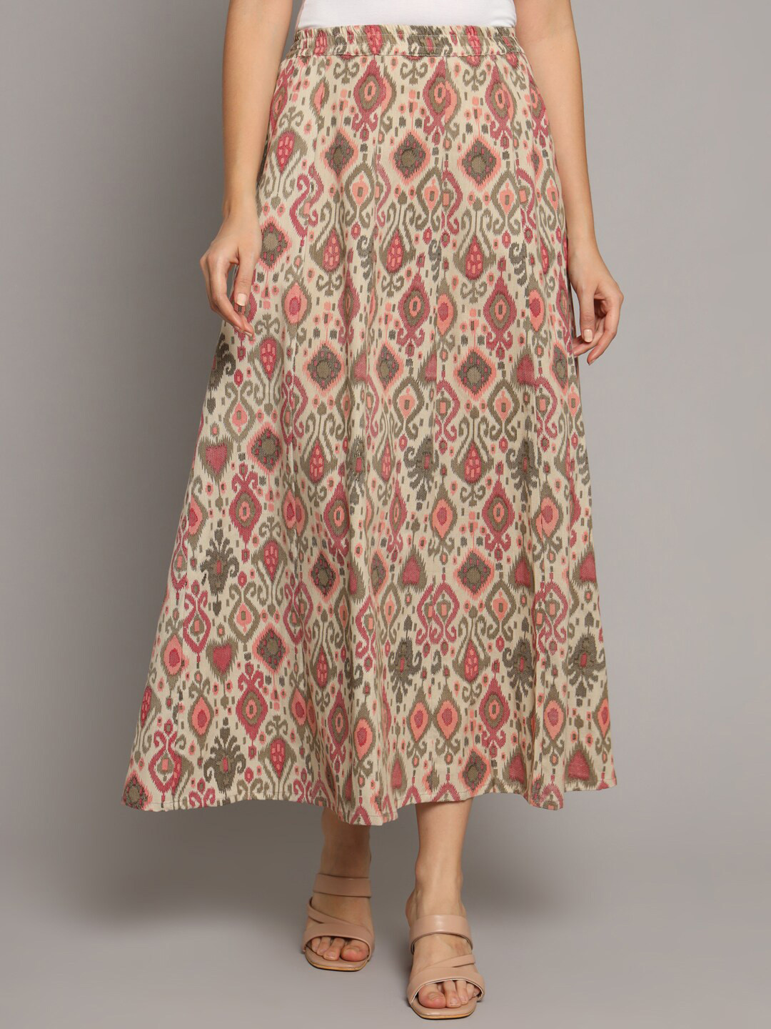

DECKEDUP Ethnic Motifs Printed Flared Midi Ikat Skirt, Beige