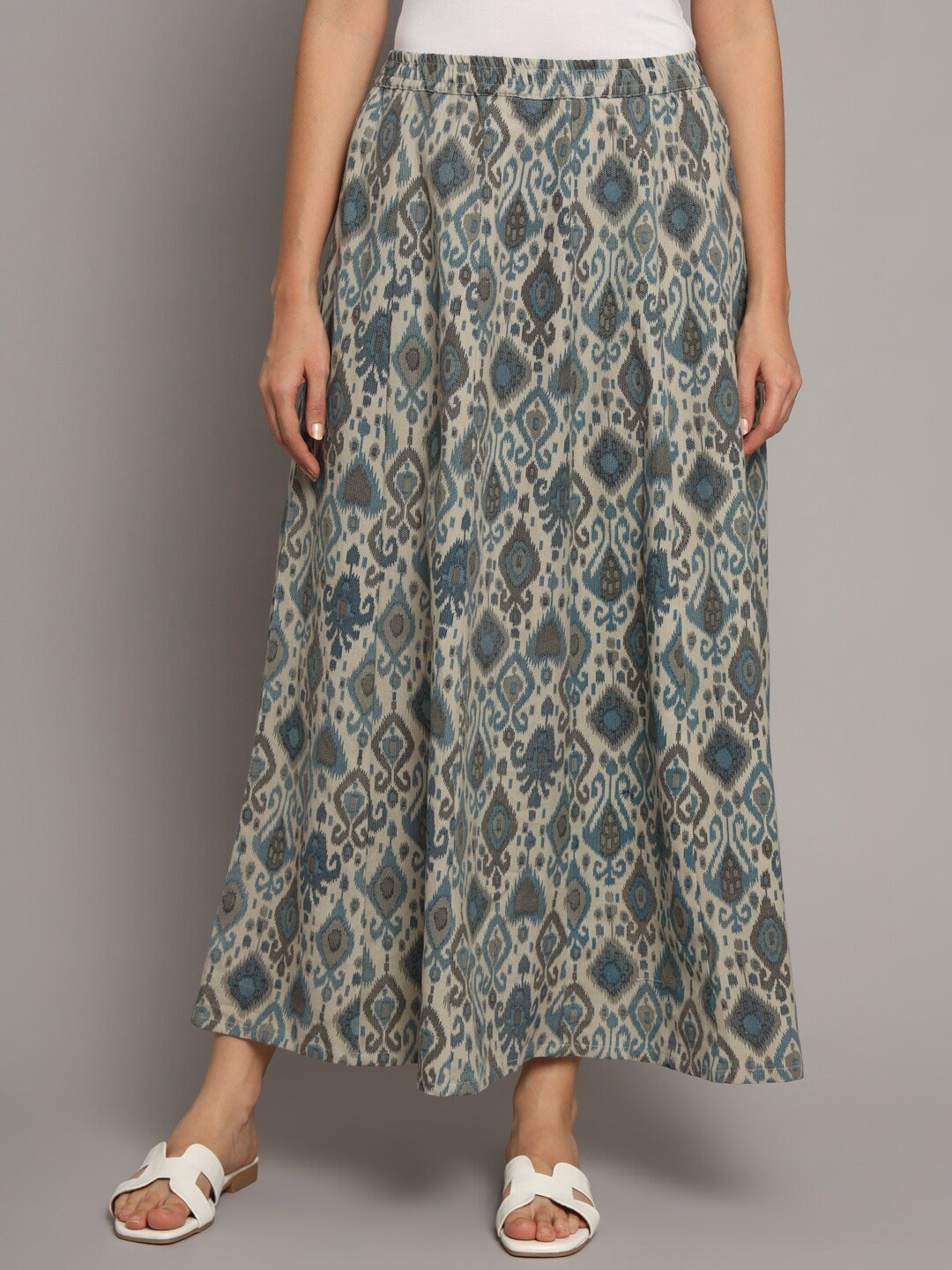 

DECKEDUP Ethnic Motifs Printed Maxi Length Flared Skirt, Blue