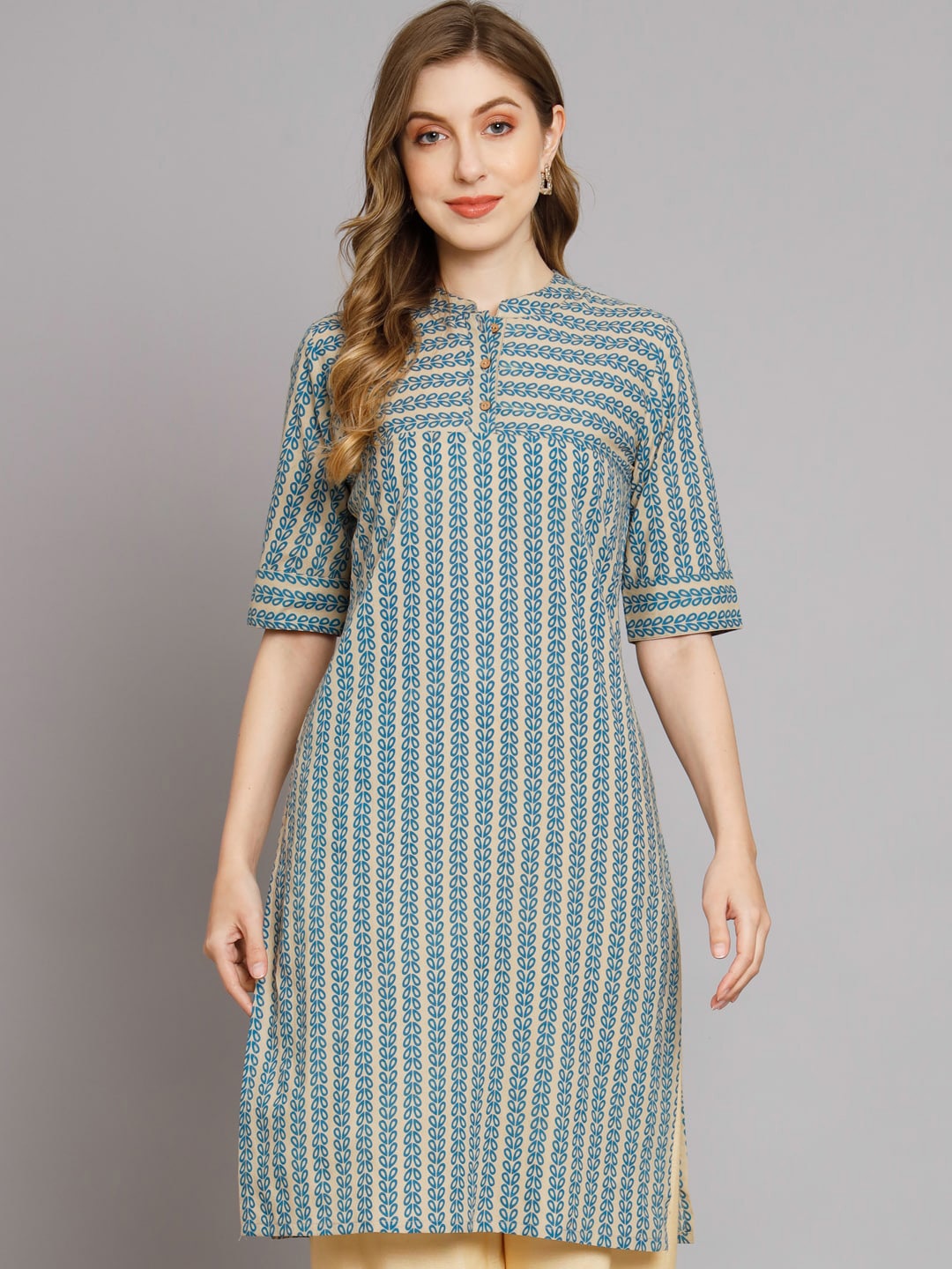 

DECKEDUP Floral Printed Mandarin Collar Cotton Straight Kurta, Beige