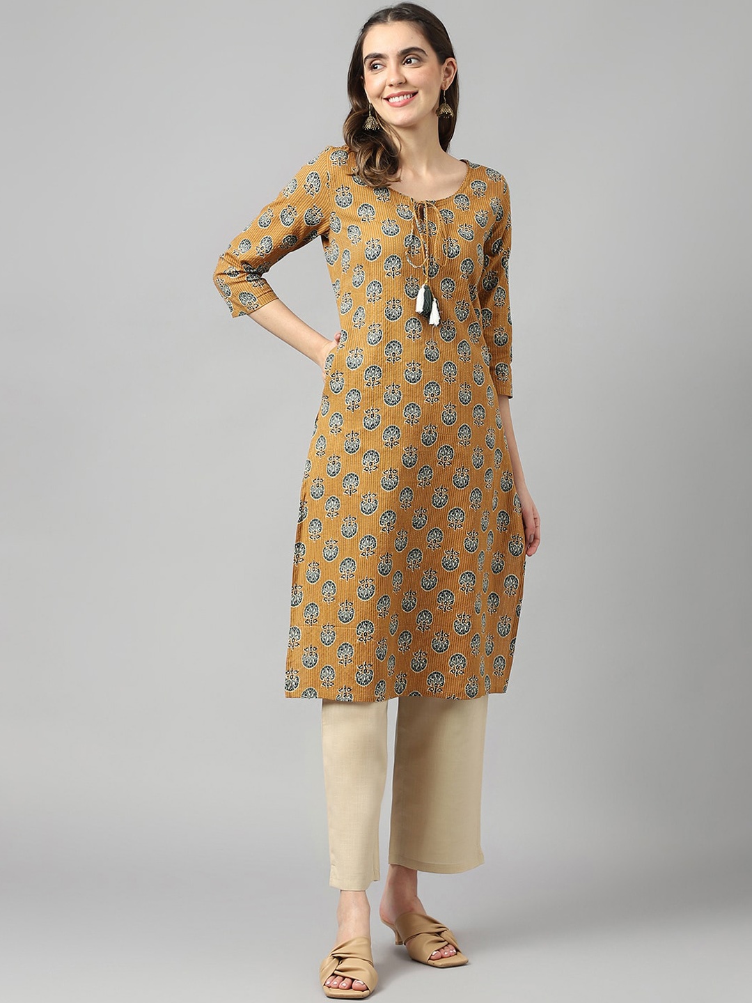 

DECKEDUP Ethnic Motifs Printed Tie-Up Neck Thread Work Cotton Straight Kurta, Mustard