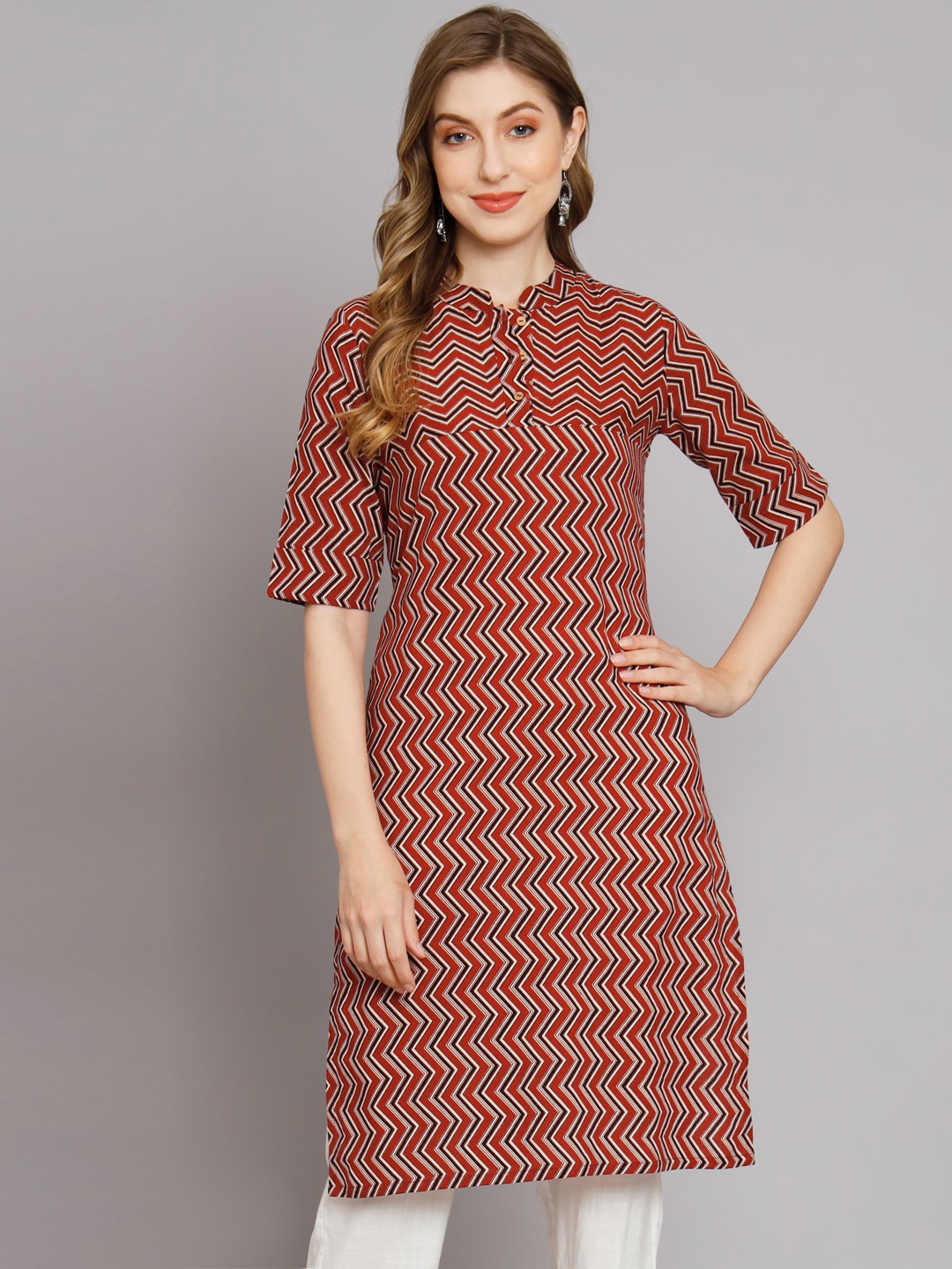 

DECKEDUP Geometric Printed Mandarin Collar Cotton Kurta, Maroon