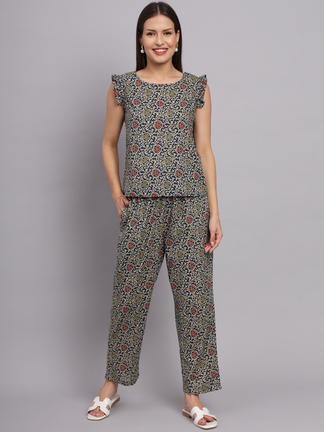

DECKEDUP Ethnic Motif Printed Top & Palazzo, Blue