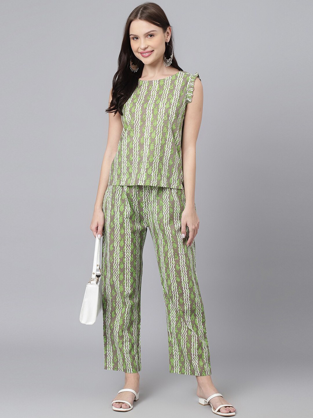 

DECKEDUP Printed Cotton Top With Trousers, Grey