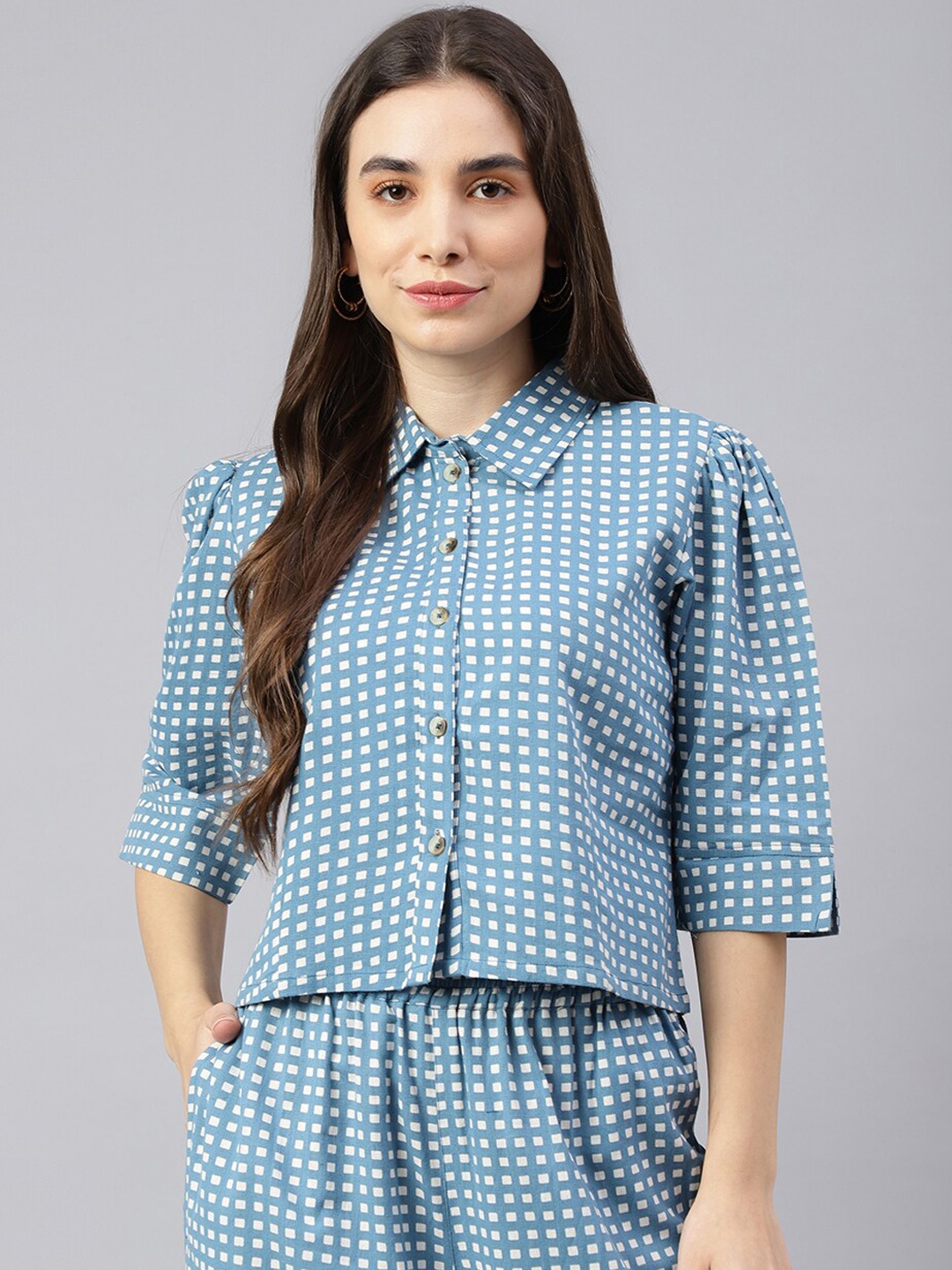 

DECKEDUP Geomtric Printed Shirt With Flared Trouser, Blue