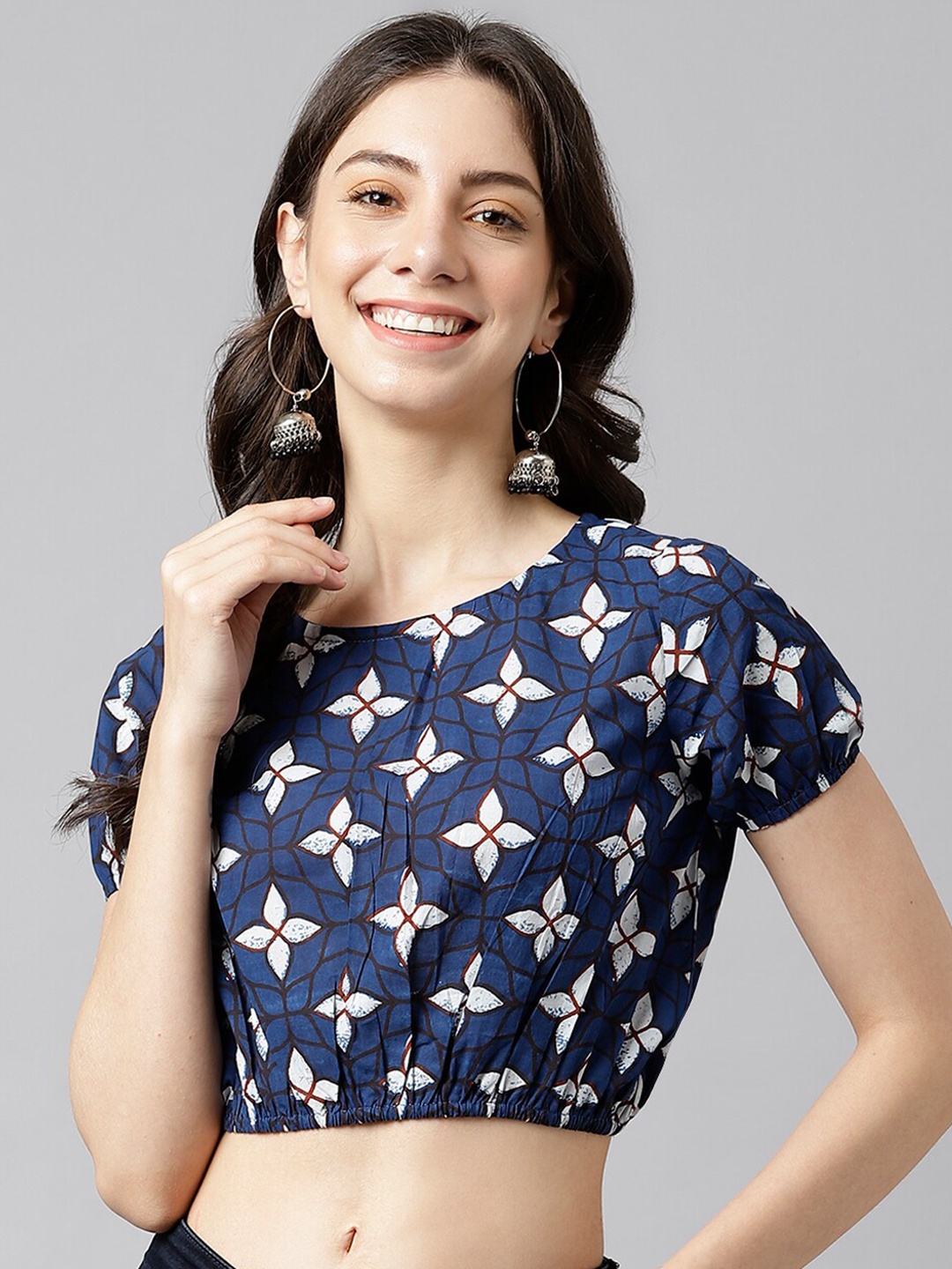

DECKEDUP Ethnic Motif Printed Crop Top With Trouser, Navy blue