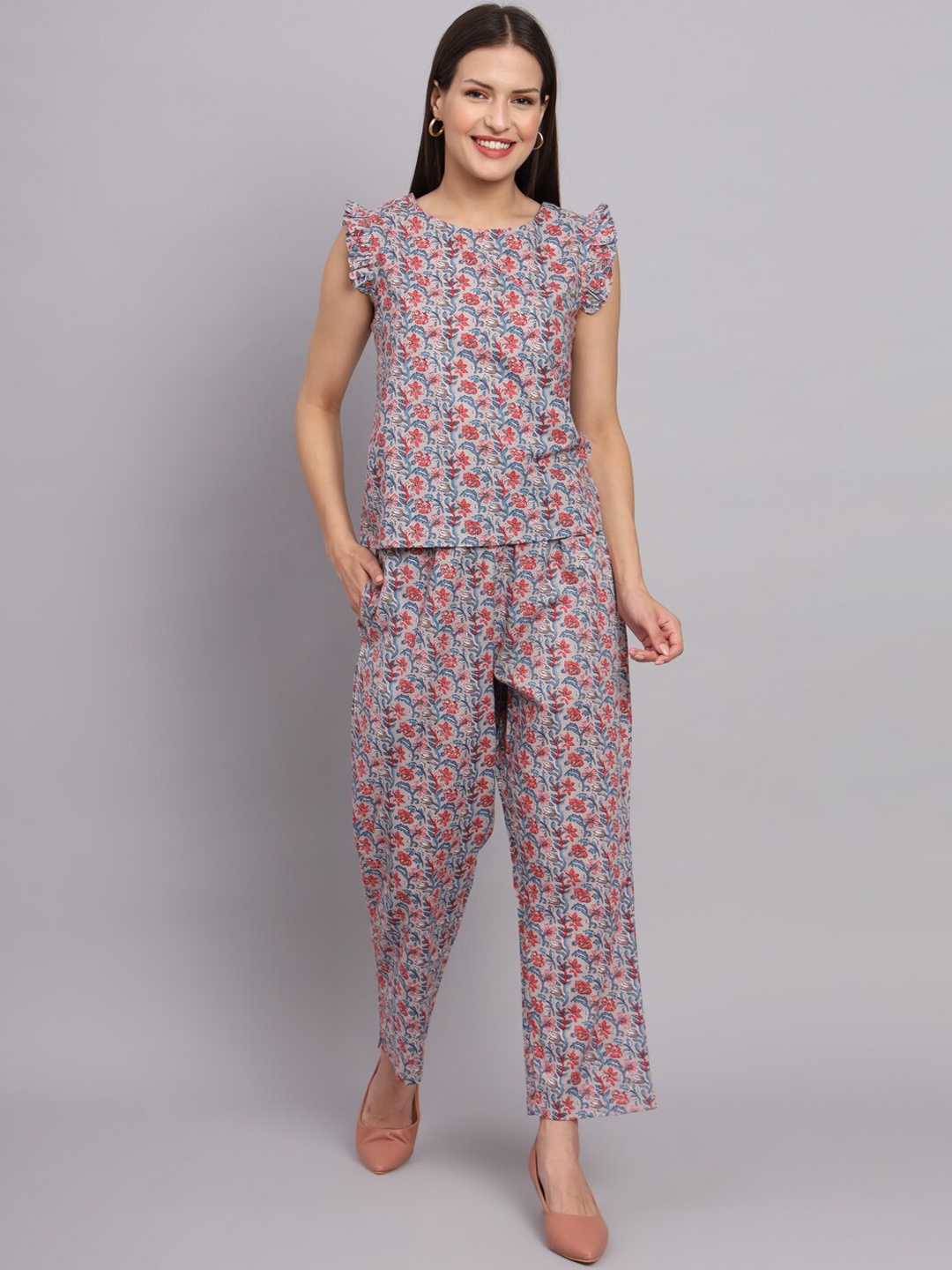 

DECKEDUP Floral Printed Top & Trousers, Grey