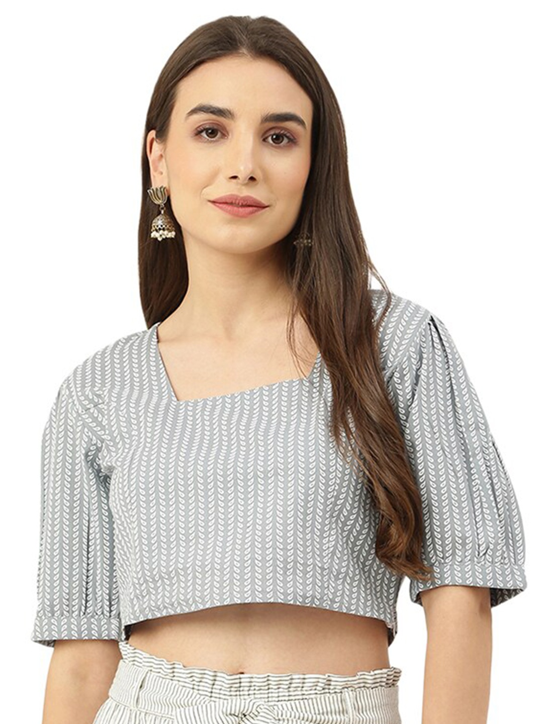 

DECKEDUP Striped Cotton Regular Crop Top, Grey