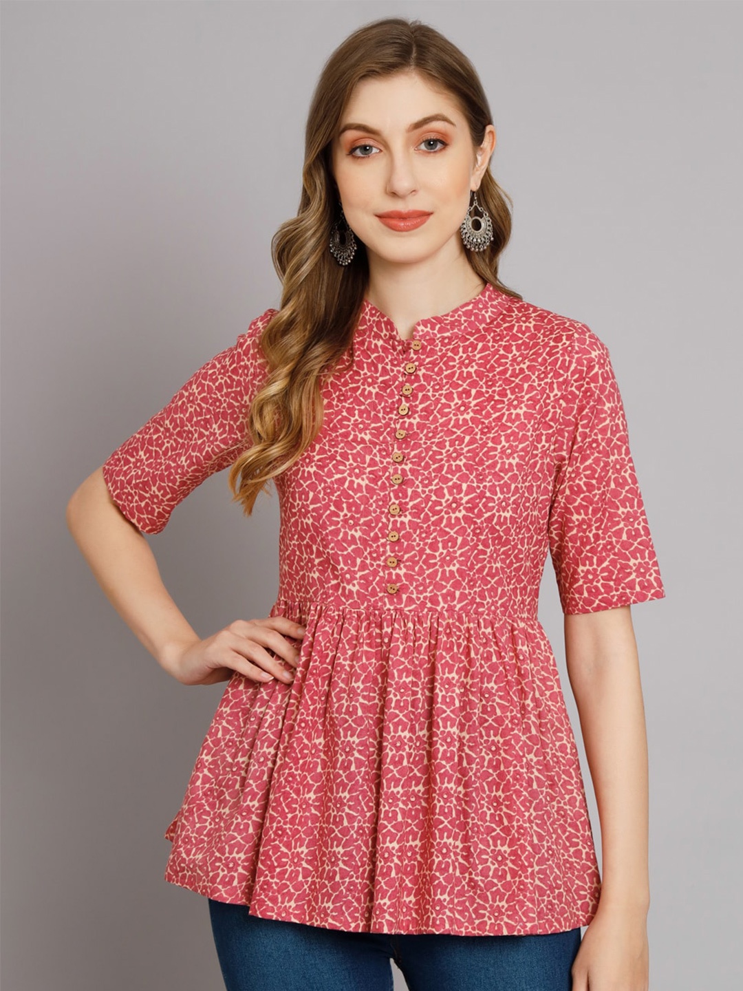 

DECKEDUP Abstract Printed Mandarin Collar Cotton Top, Magenta