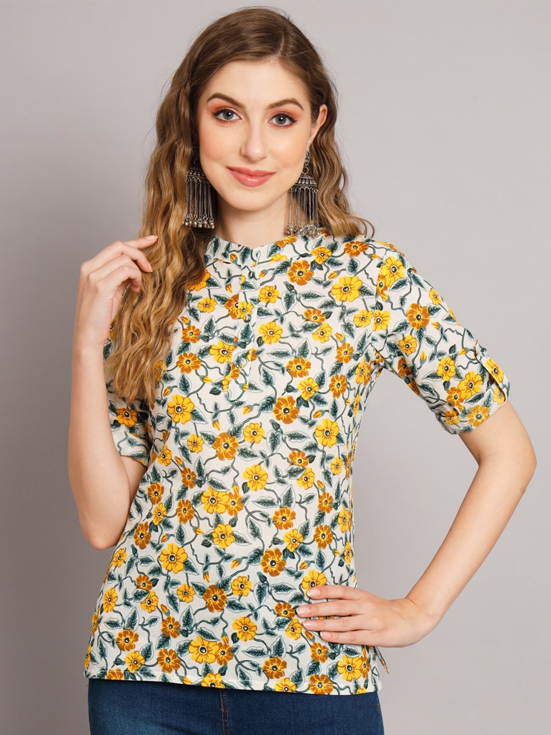 

DECKEDUP Floral Print Mandarin Collar Cotton Top, Yellow