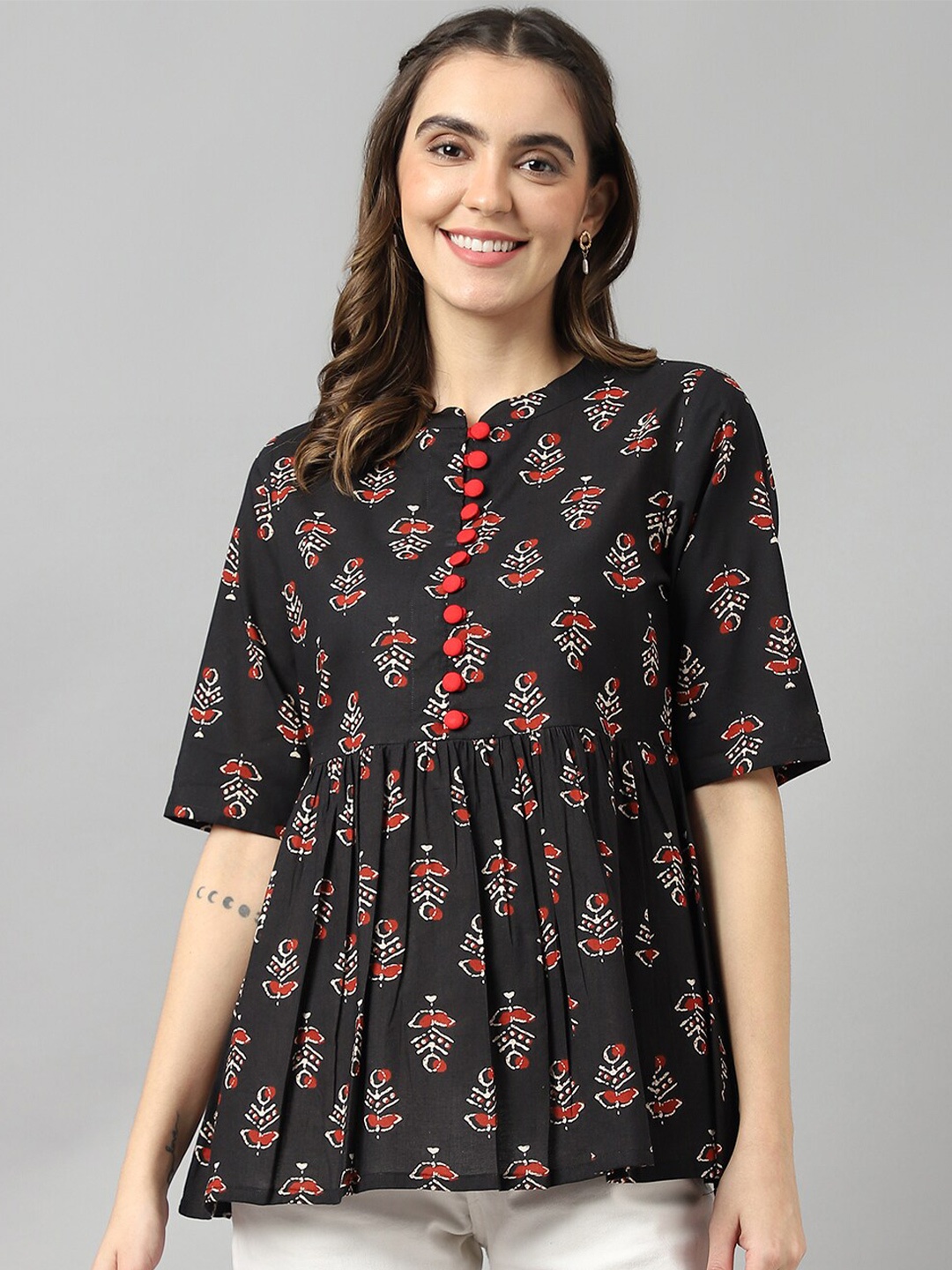 

DECKEDUP Floral Printed Mandarin Collar Cotton A-Line Top, Black