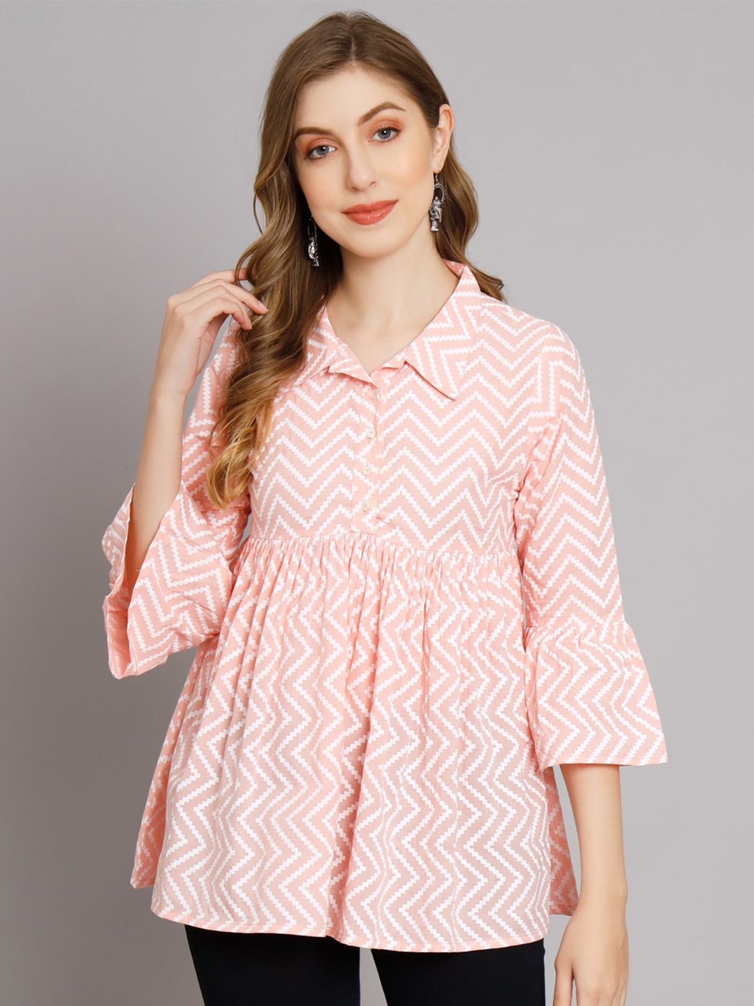 

DECKEDUP Chevron Printed Shirt Collar Bell Sleeves Cotton Top, Pink