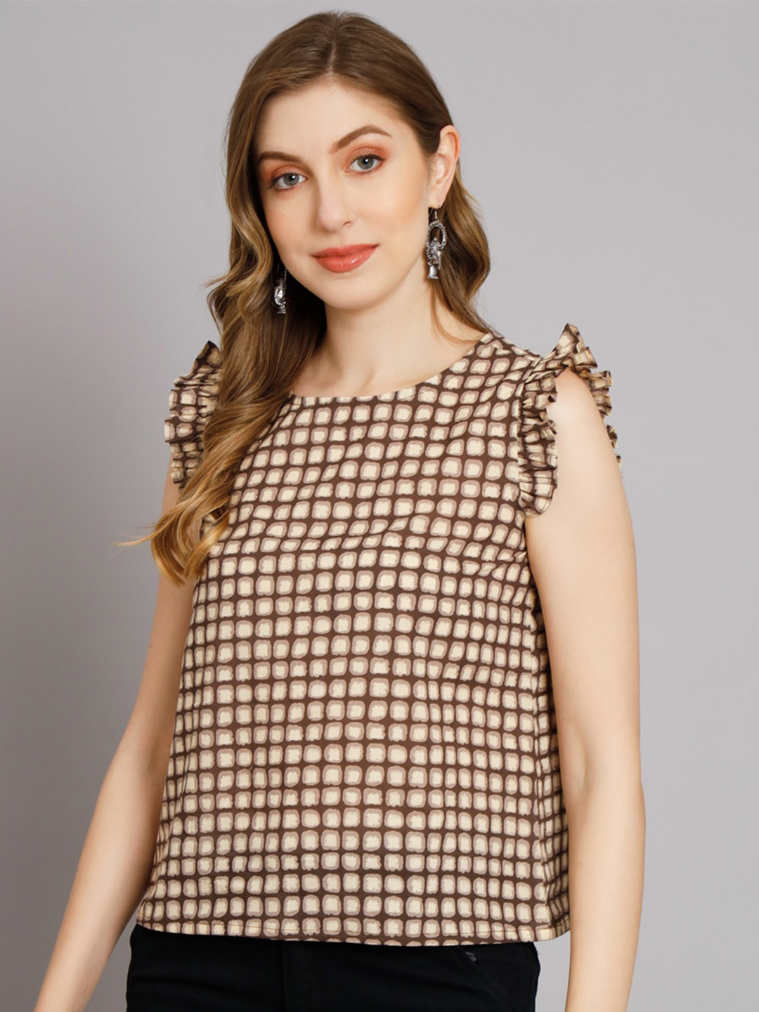

DECKEDUP Checked Round Neck Sleeveless Cotton Top, Grey
