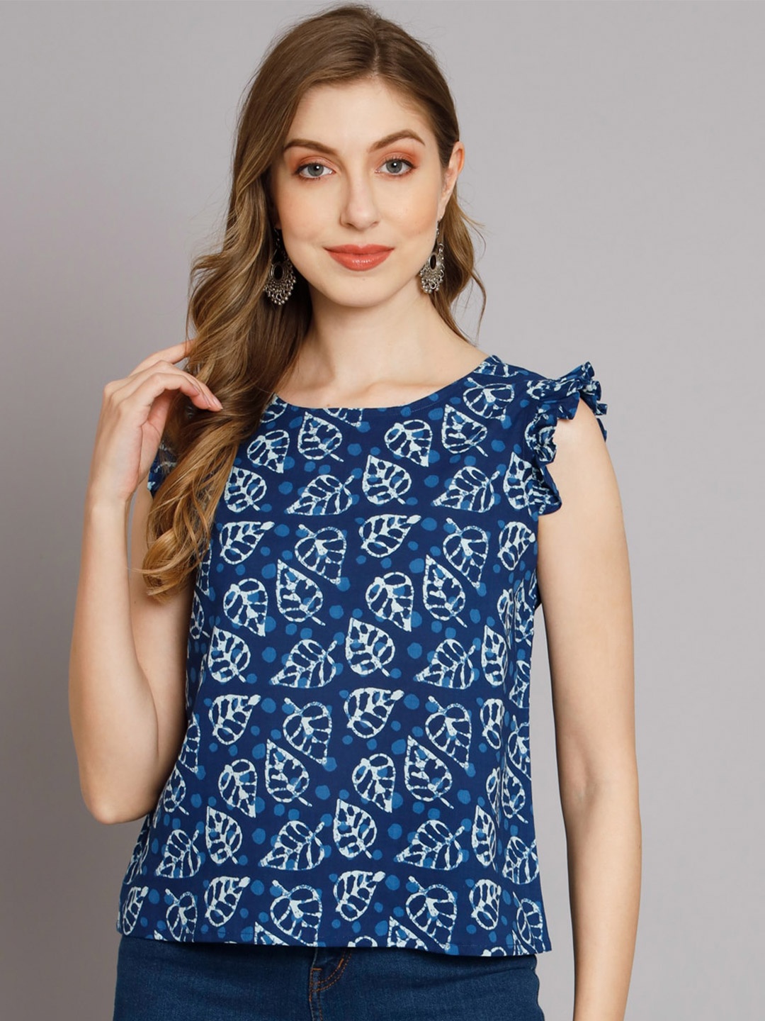 

DECKEDUP Floral Printed Cotton Regular Top, Blue