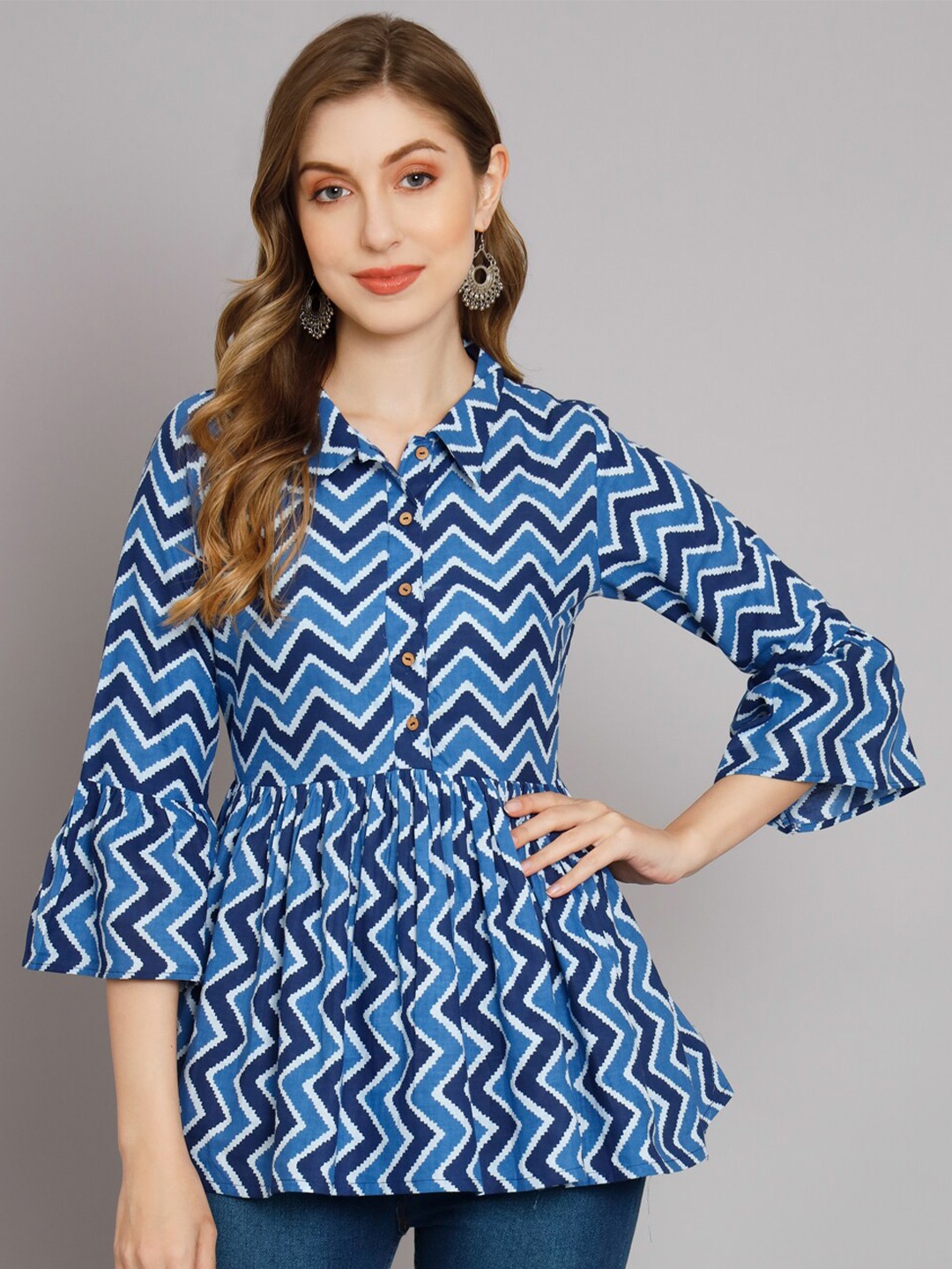 

DECKEDUP Geometric Printed Cotton Peplum Top, Blue