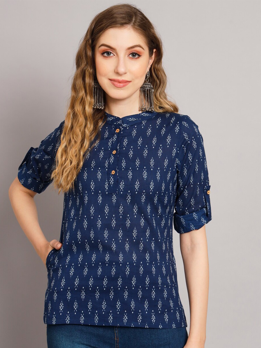 

DECKEDUP Ethnic Motifs Printed Mandarin Collar Cotton Shirt Style Top, Blue