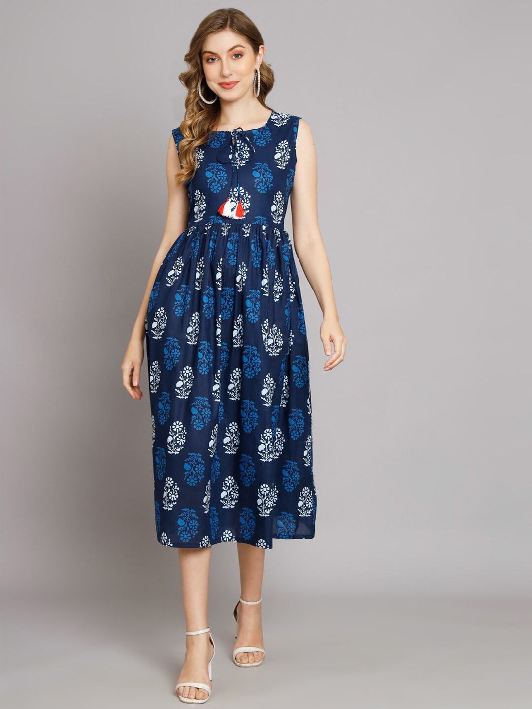 

DECKEDUP Ethnic Motifs Printed A Line Dress, Blue