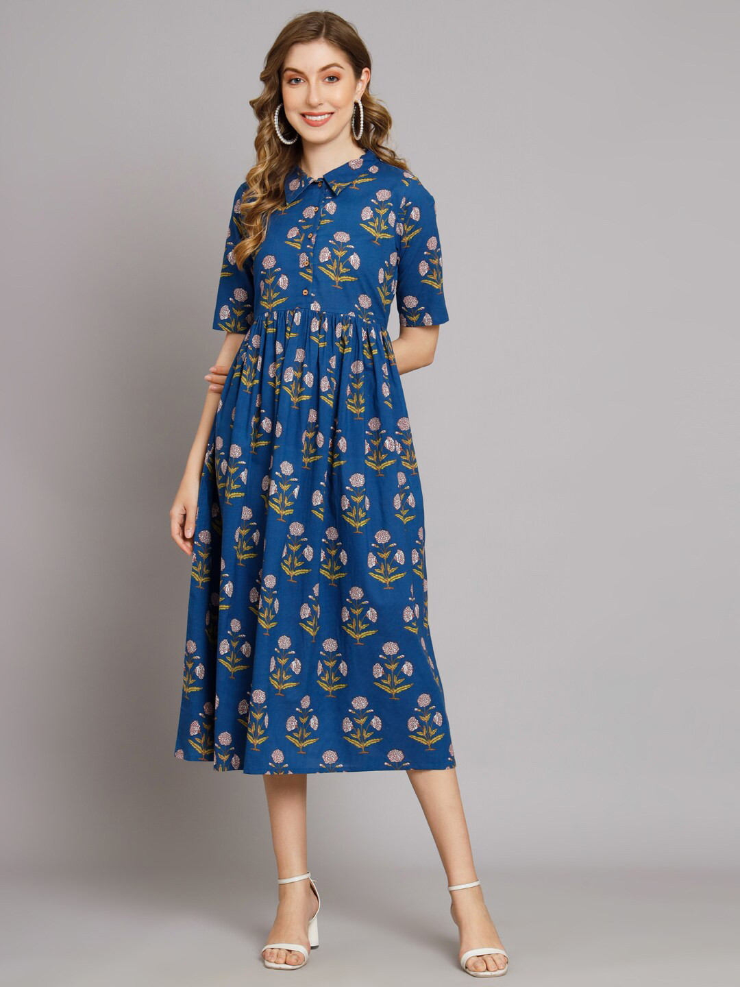 

DECKEDUP Ethnic Motifs Printed Cotton A line Dress, Blue