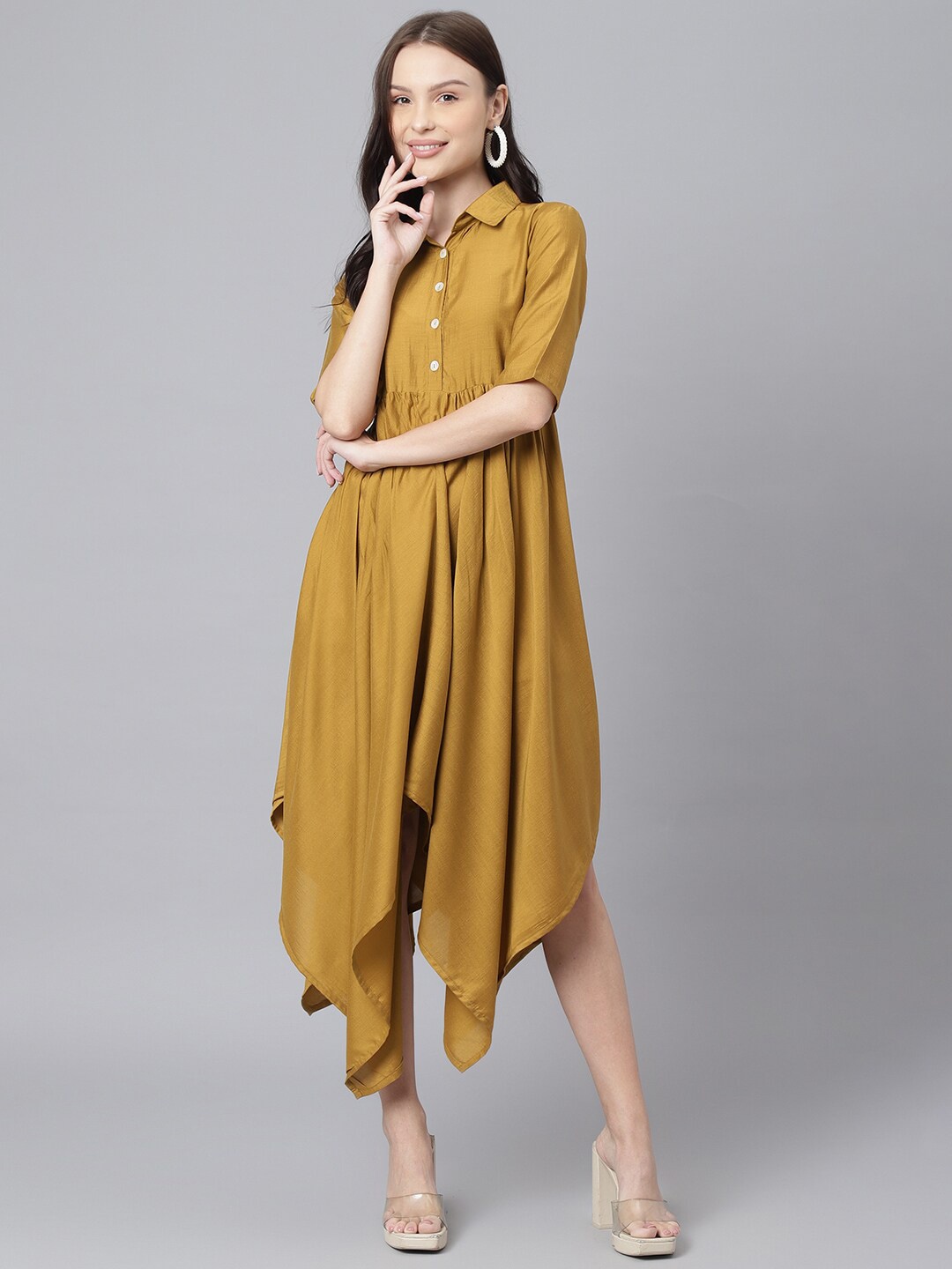 

DECKEDUP Silk Shirt Midi Dress, Mustard