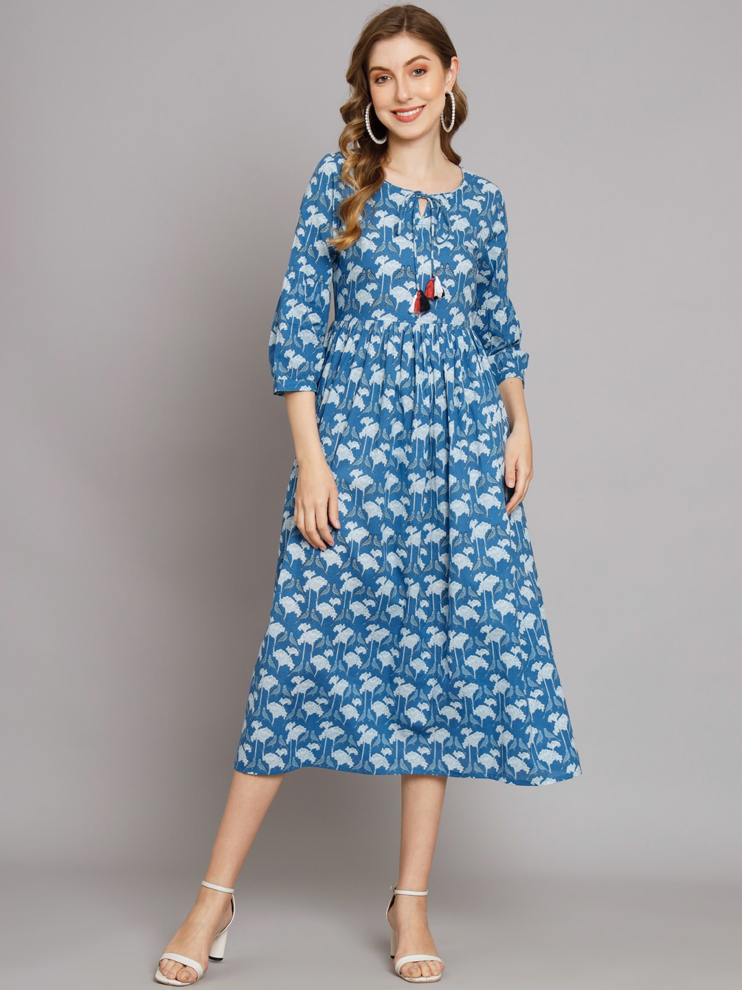 

DECKEDUP Ethnic Motifs Printed Cotton A Line Dress, Blue