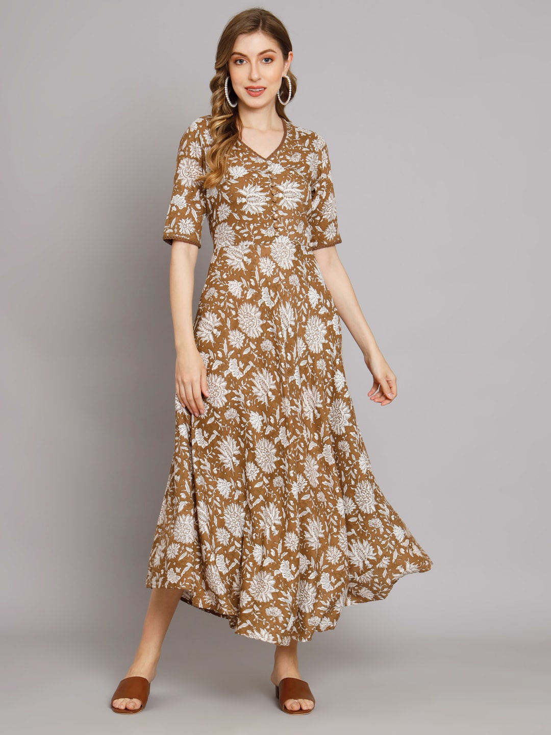 

DECKEDUP Floral Printed A Line Dress, Brown