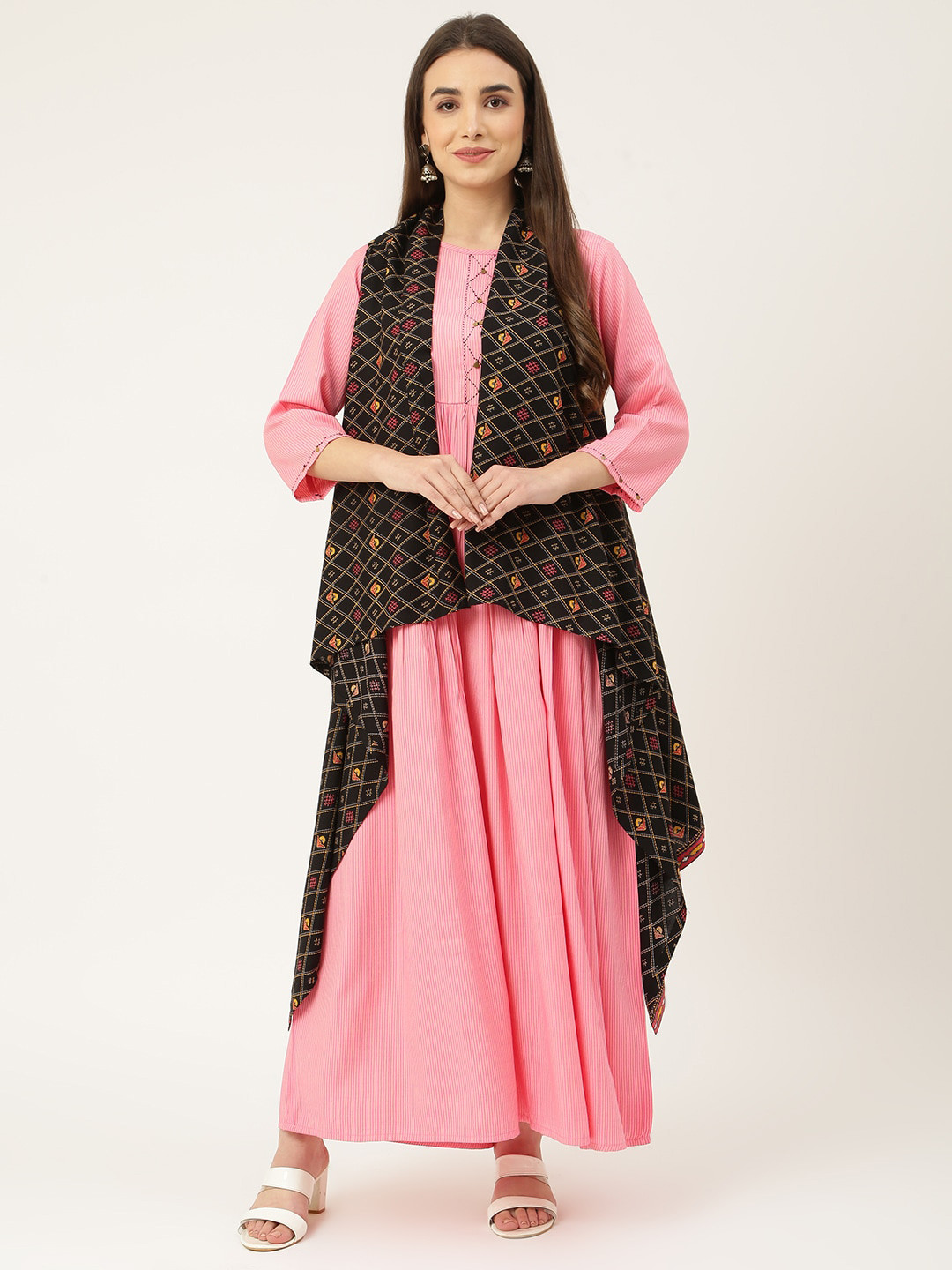 

DECKEDUP Striped Maxi Dress With Jacket, Pink
