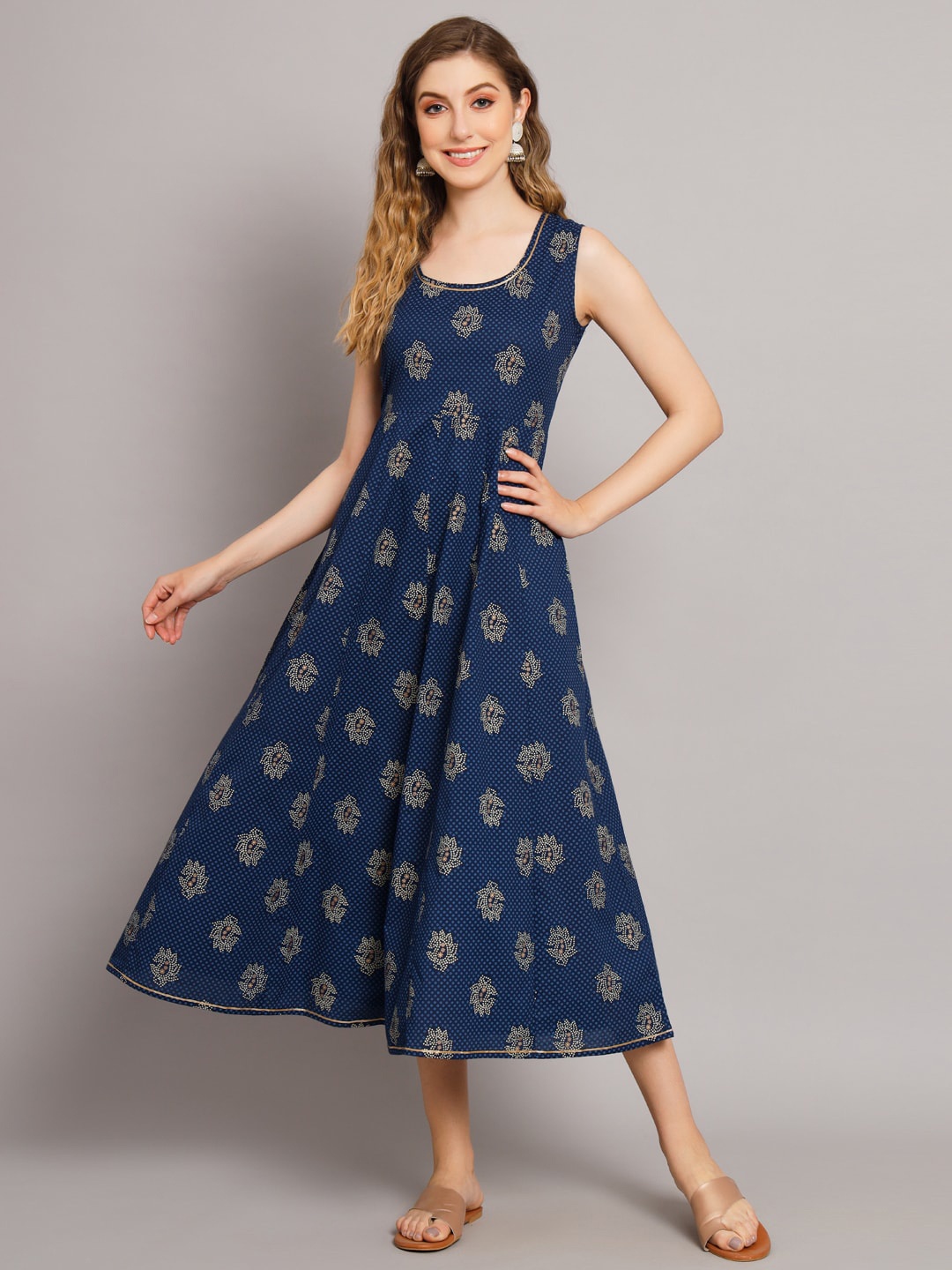 

DECKEDUP Ethnic Motifs Printed Cotton Fit & Flare Midi Dress, Blue