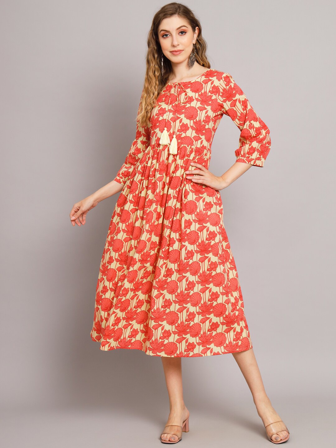 

DECKEDUP Floral Printed Cotton A Line Dress, Peach