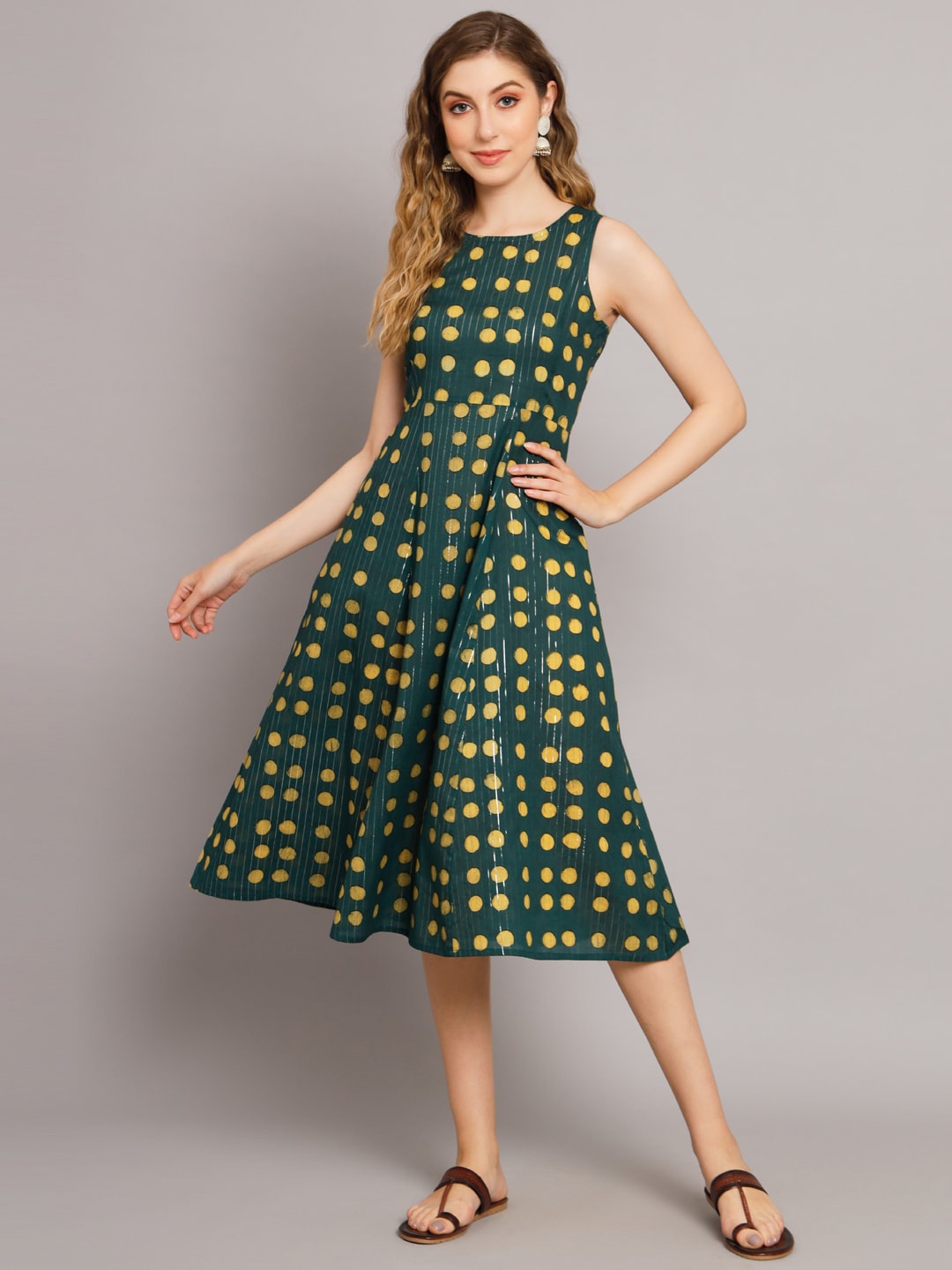 

DECKEDUP Polka Dots Printed Cotton A Line Dress, Green