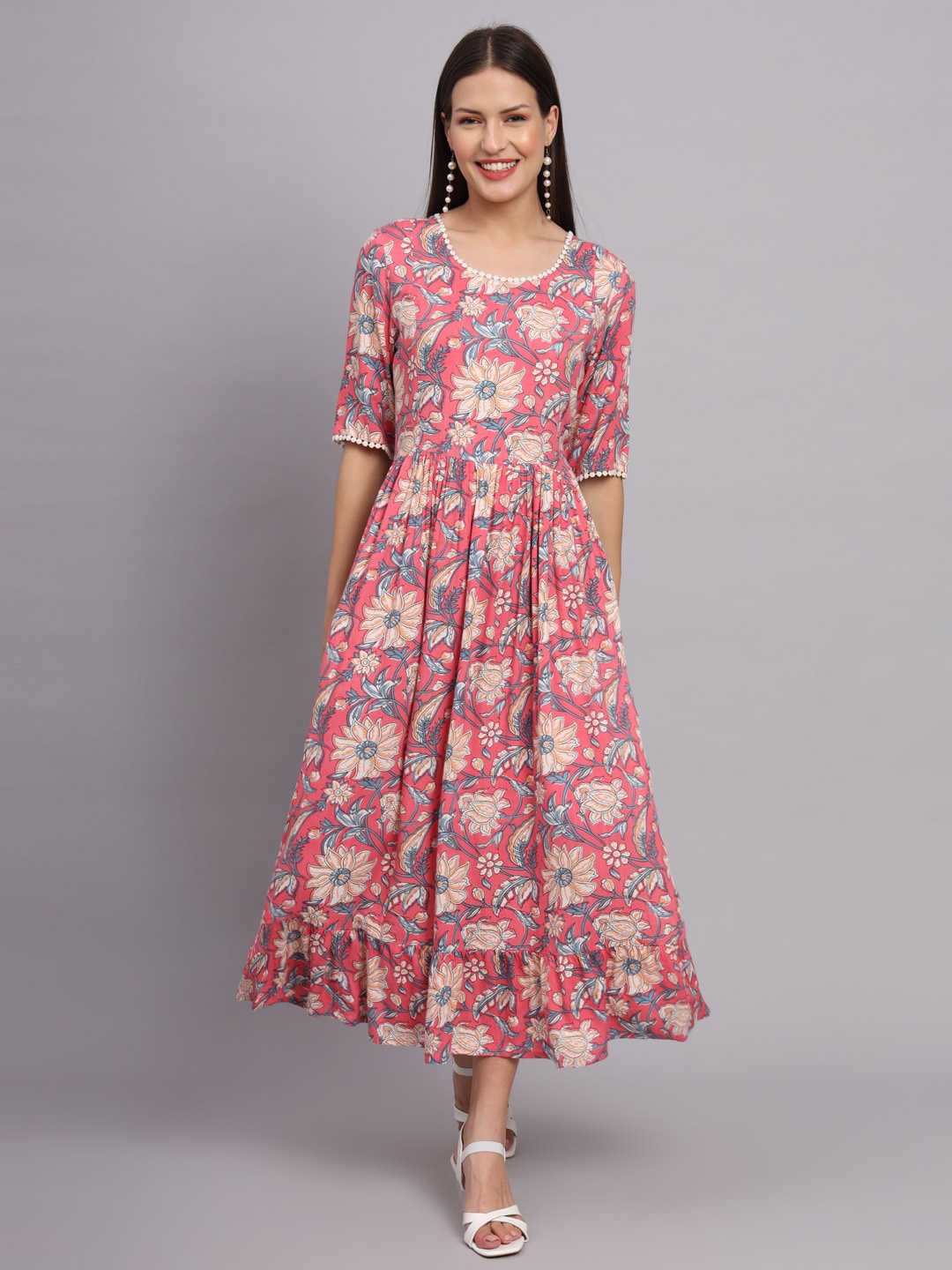 

DECKEDUP Floral Printed Fit & Flare Dress, Pink