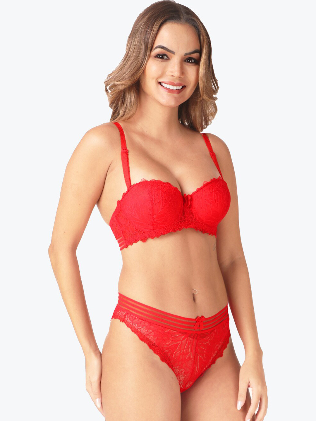 

Secret Lives Women Self Design Full Coverage Padded Lingerie Set, Red
