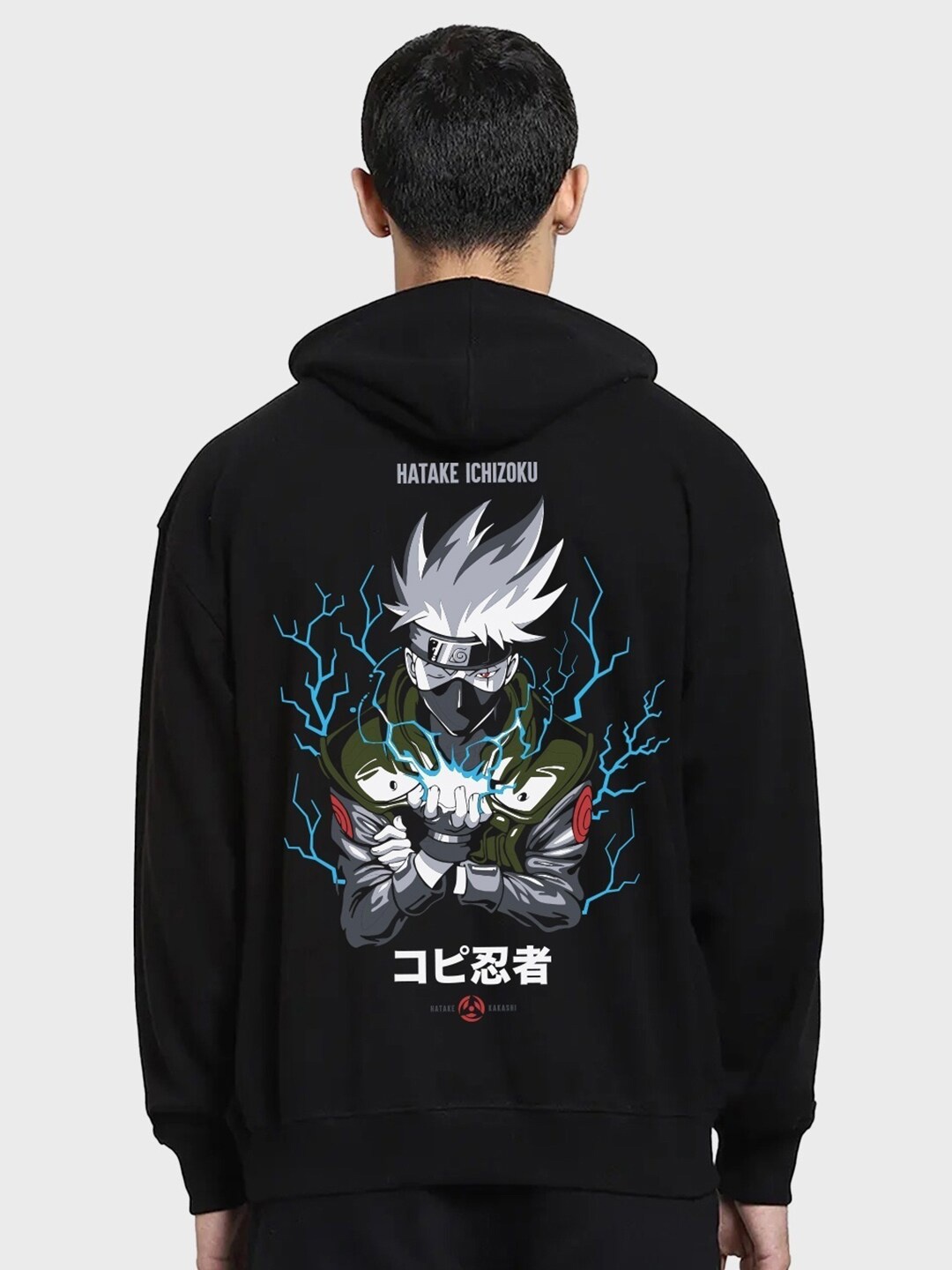 

Bewakoof Chidori Kakashi Printed Hooded Fleece Oversized Sweatshirt, Black