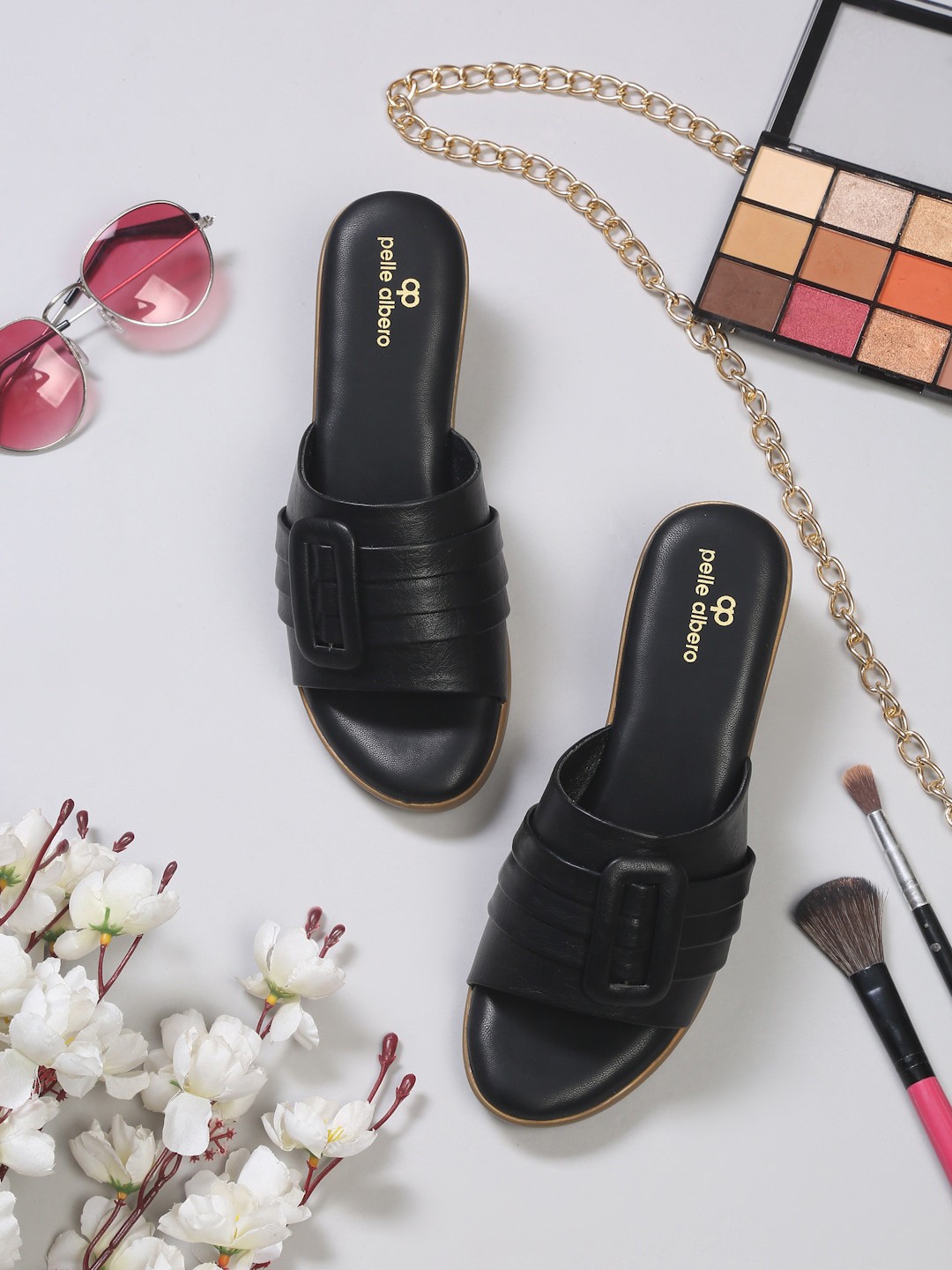 

pelle albero Buckle Detail Open Toe Block Heels, Black