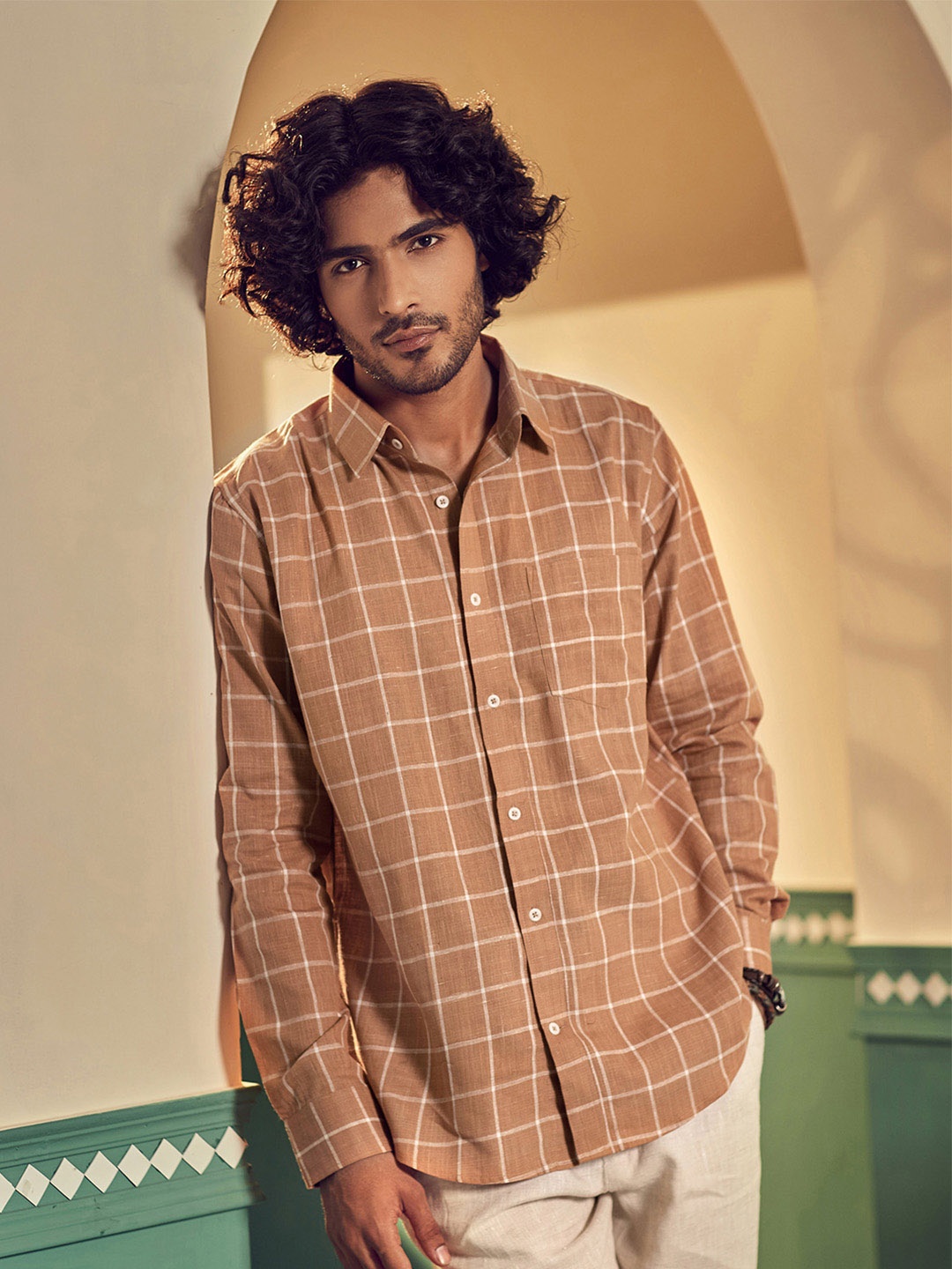 

Earthpiece Windowpane Checks Relaxed Cotton Casual Shirt, Rust