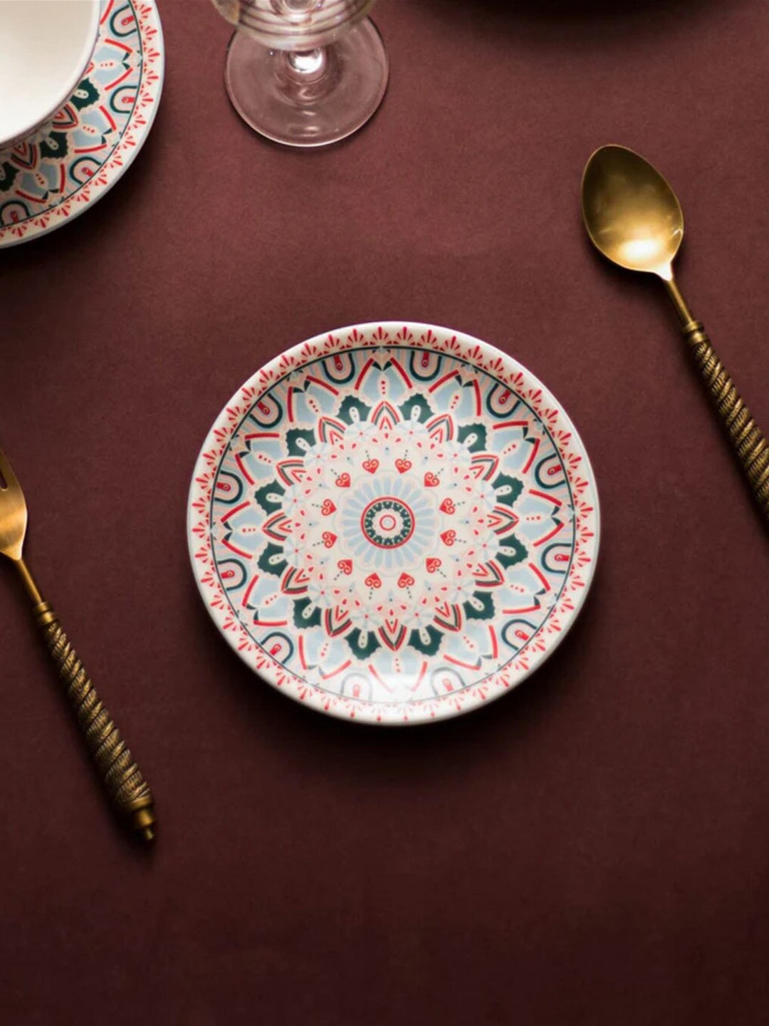 

THEDECORKART Blue & Red Printed Ceramic Matte Plate