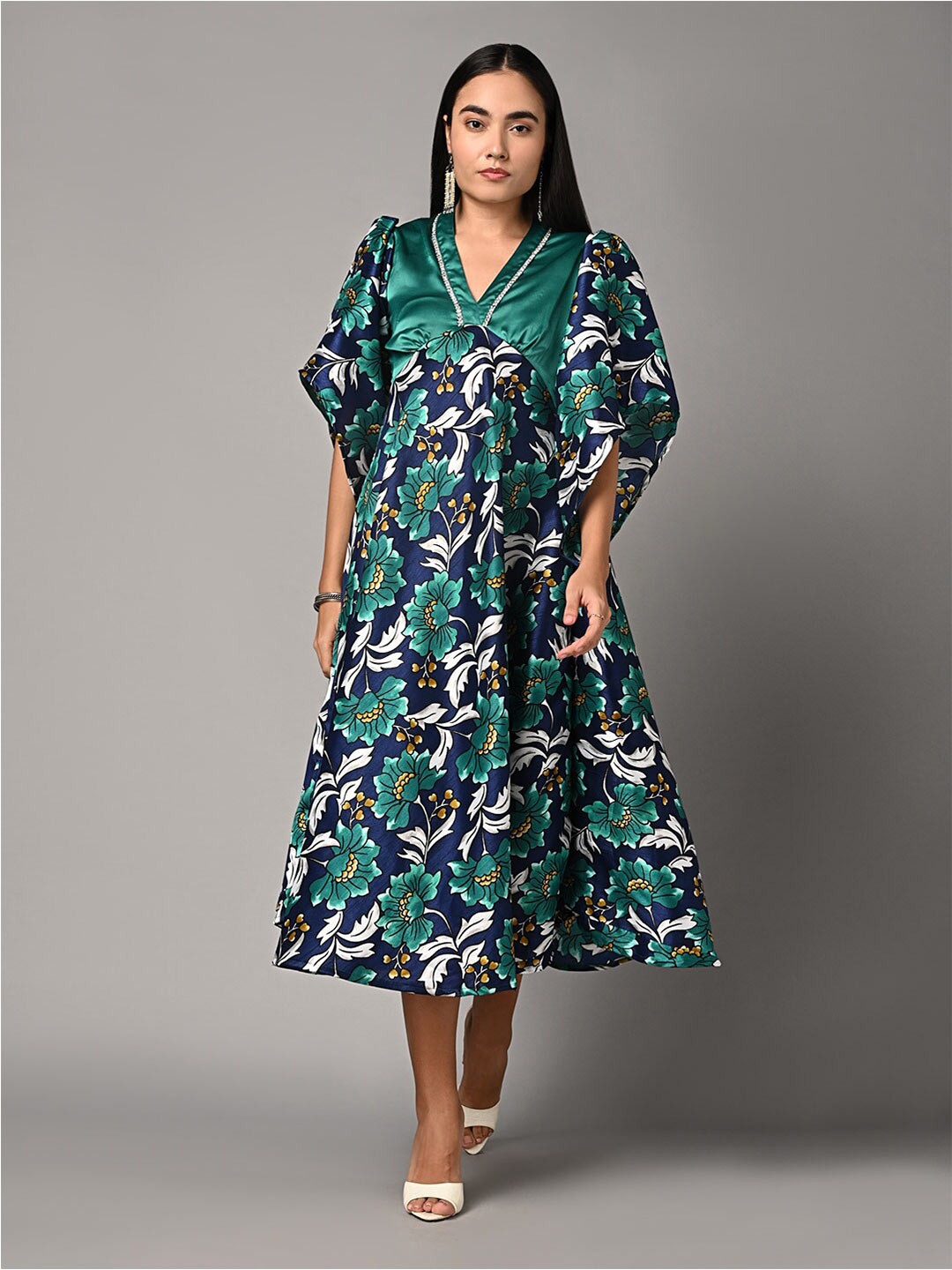 

Justin Whyte Floral Printed Flared Sleeves Satin A-Line Midi Dress, Green