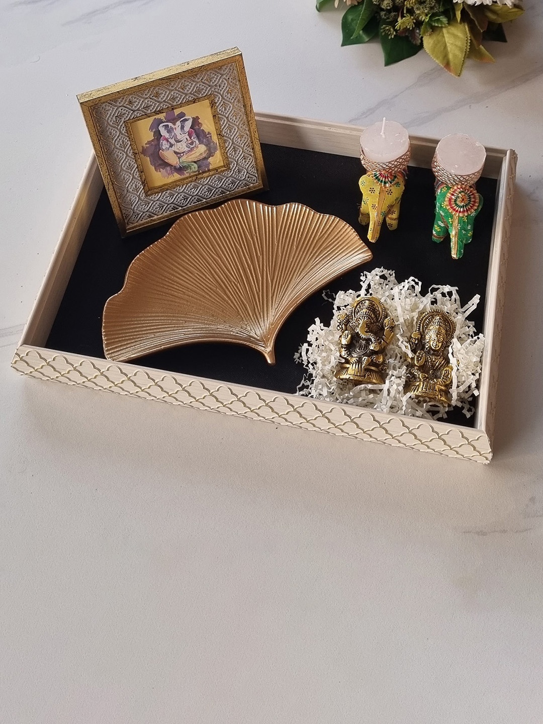 

Art Street Serving Tray, Photo Frame, Laxmi & Ganesh Statue With Diya Holder Home Gift Set, White