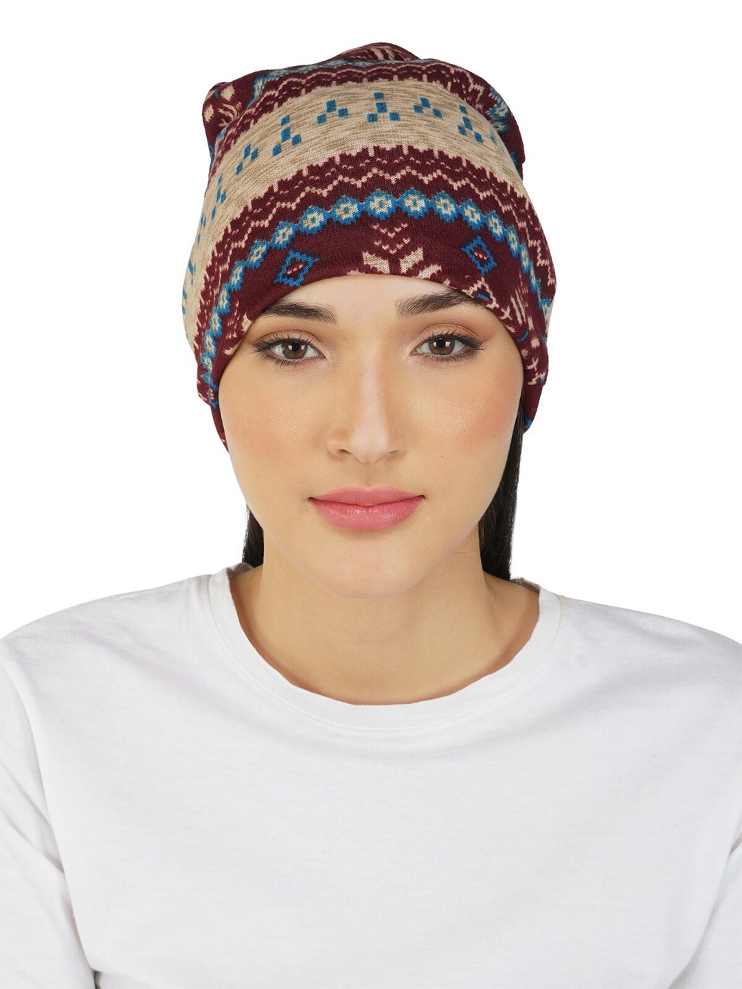 

iSWEVEN Unisex Geometric Printed Beanie Cap, Cream