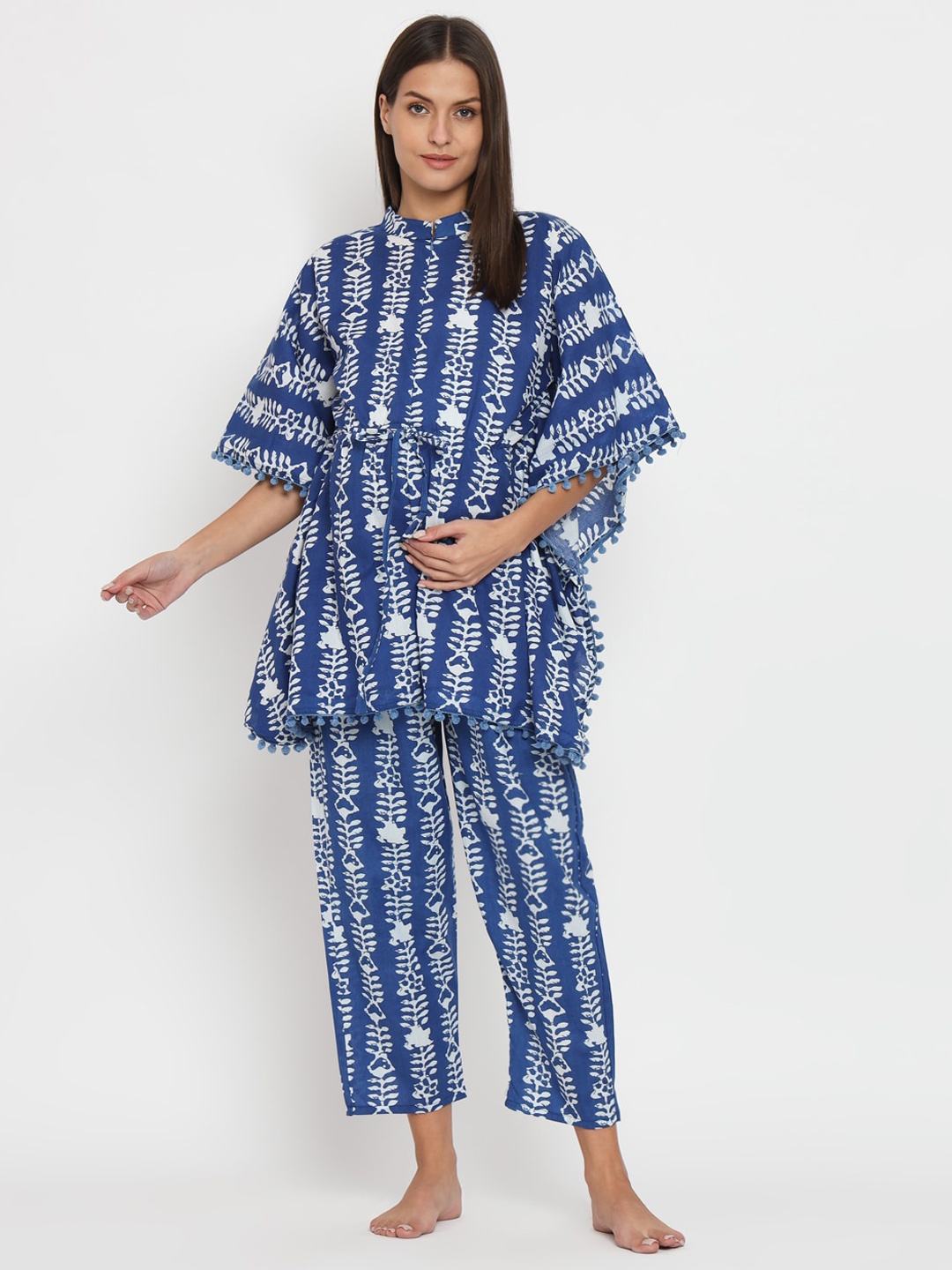 

Aujjessa Ethnic Motifs Printed Mandarin Collar Pure Cotton Maternity Night suit, Blue
